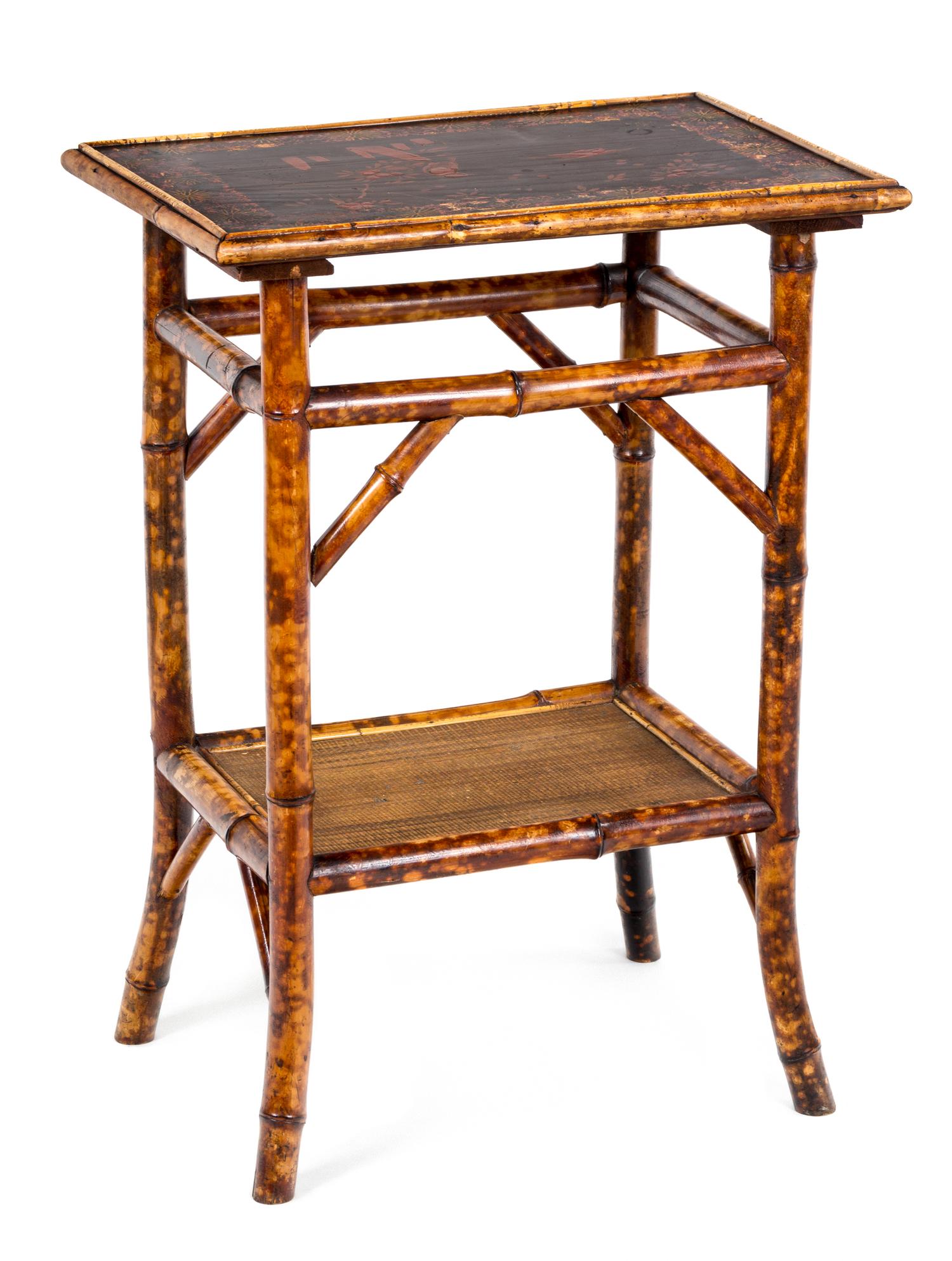 A Victorian Bamboo and Lacquered Side Table Height 28 1/2 x width 20 1/4 x depth 14 1/2 inches.