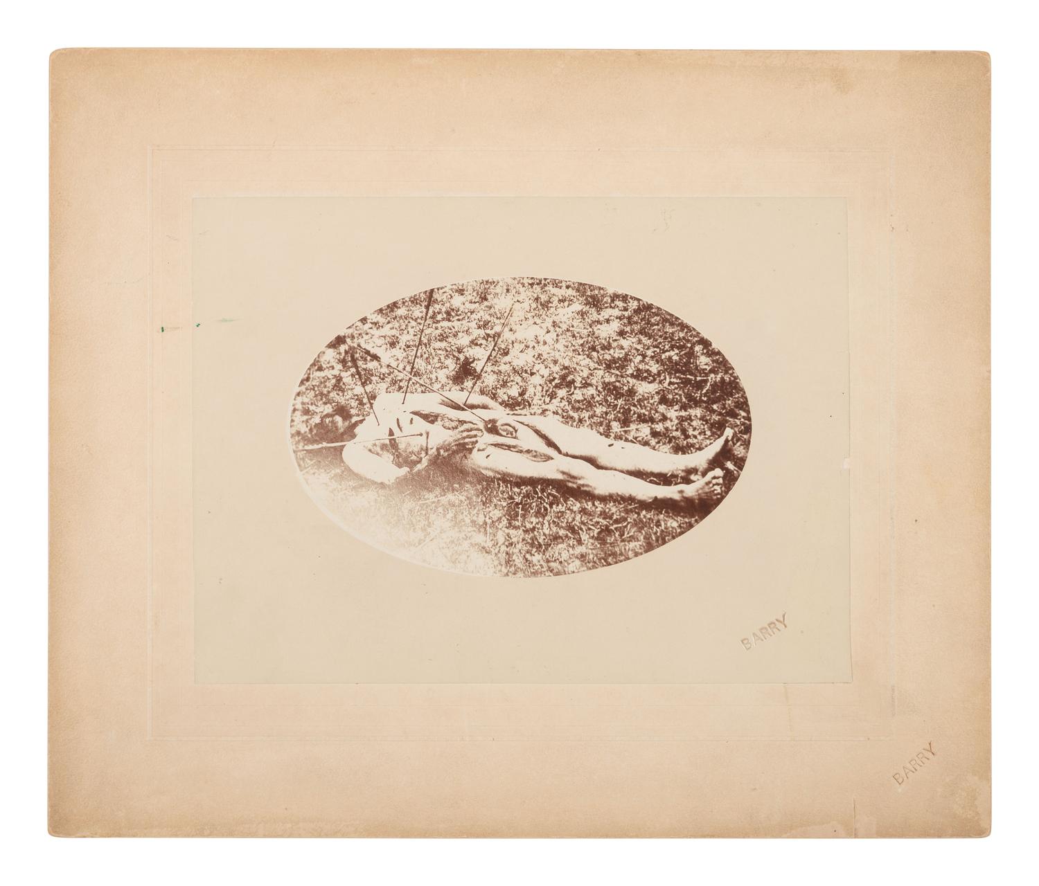 [7TH US CAVALRY]. BARRY, David F. (1854-1934), printer. Postmortem photograph of Sergeant Frederick Wyllyams, killed by the Sioux in June 1867.