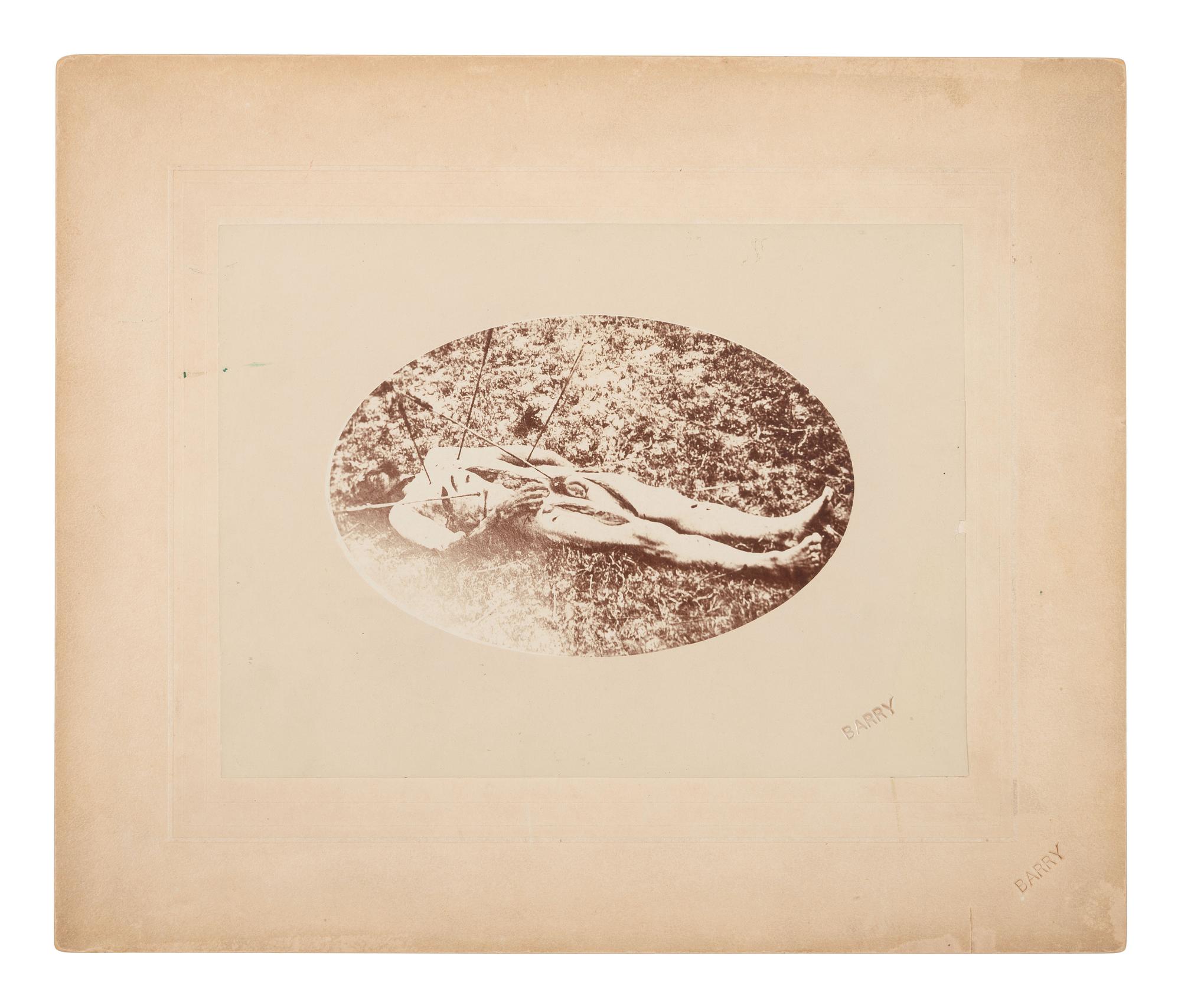 [7TH US CAVALRY]. BARRY, David F. (1854-1934), printer. Postmortem photograph of Sergeant Frederick Wyllyams, killed by the Sioux in June 1867.
