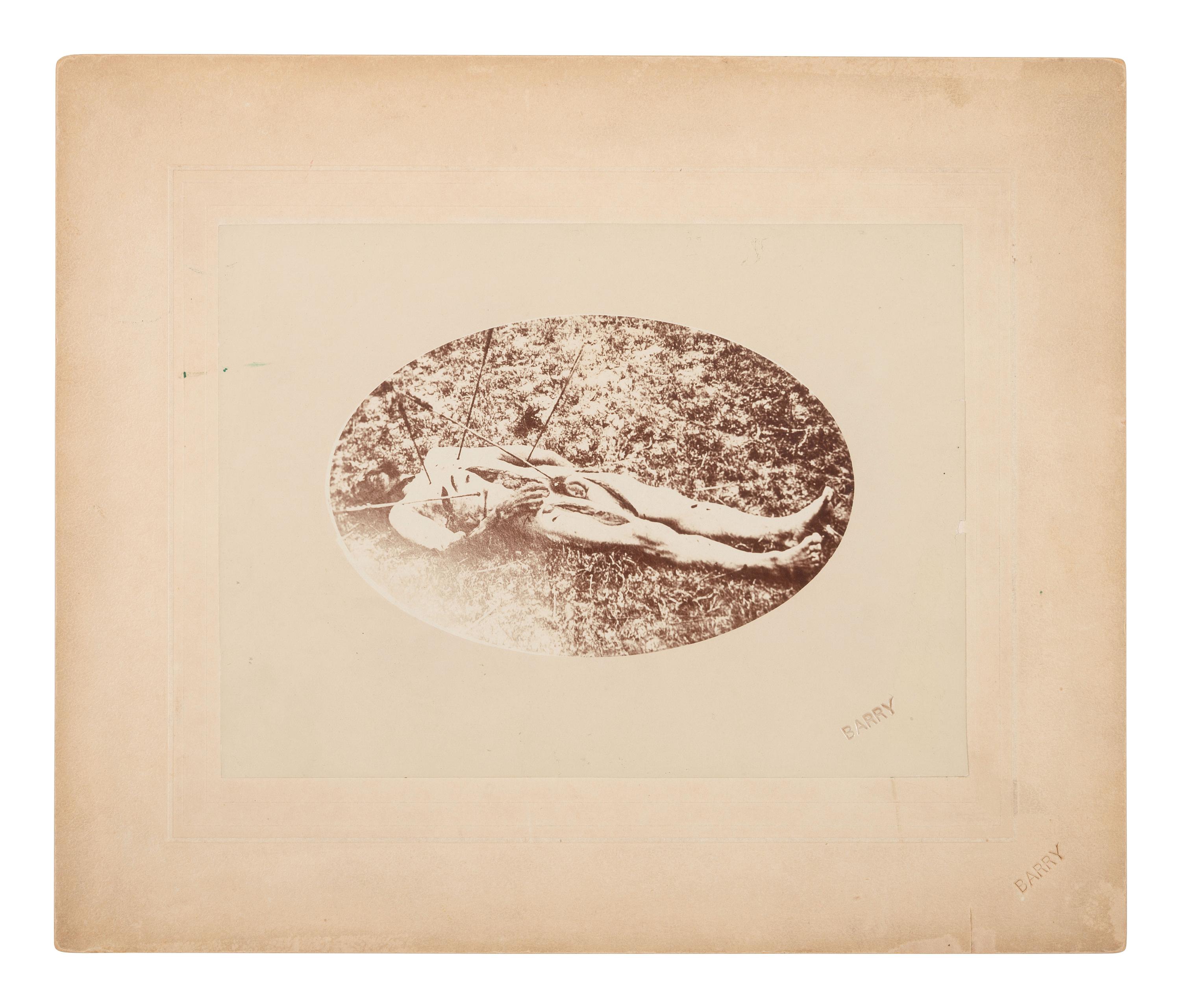[7TH US CAVALRY]. BARRY, David F. (1854-1934), printer. Postmortem photograph of Sergeant Frederick Wyllyams, killed by the Sioux in June 1867.