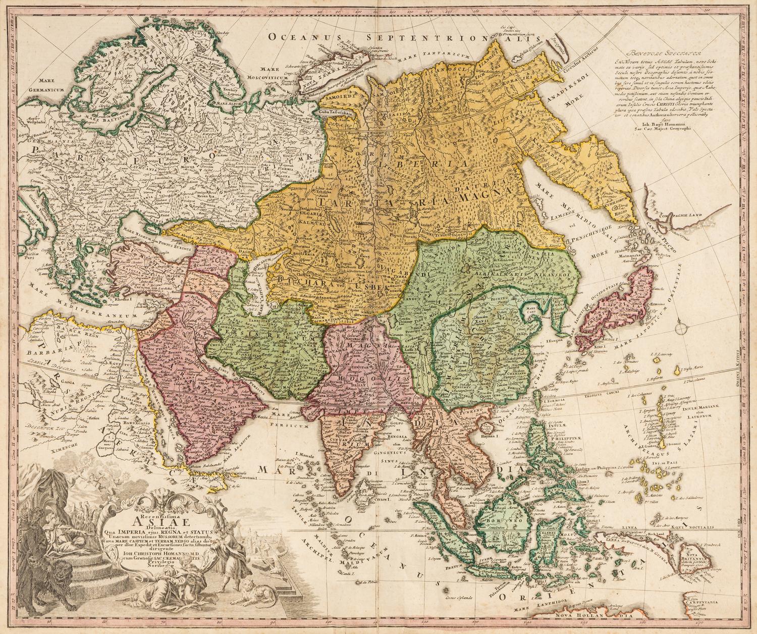 [MAPS]. HOMANN, Johann Baptist (1663-1724). Four engraved continent maps with hand-coloring, each matted and framed, comprising: