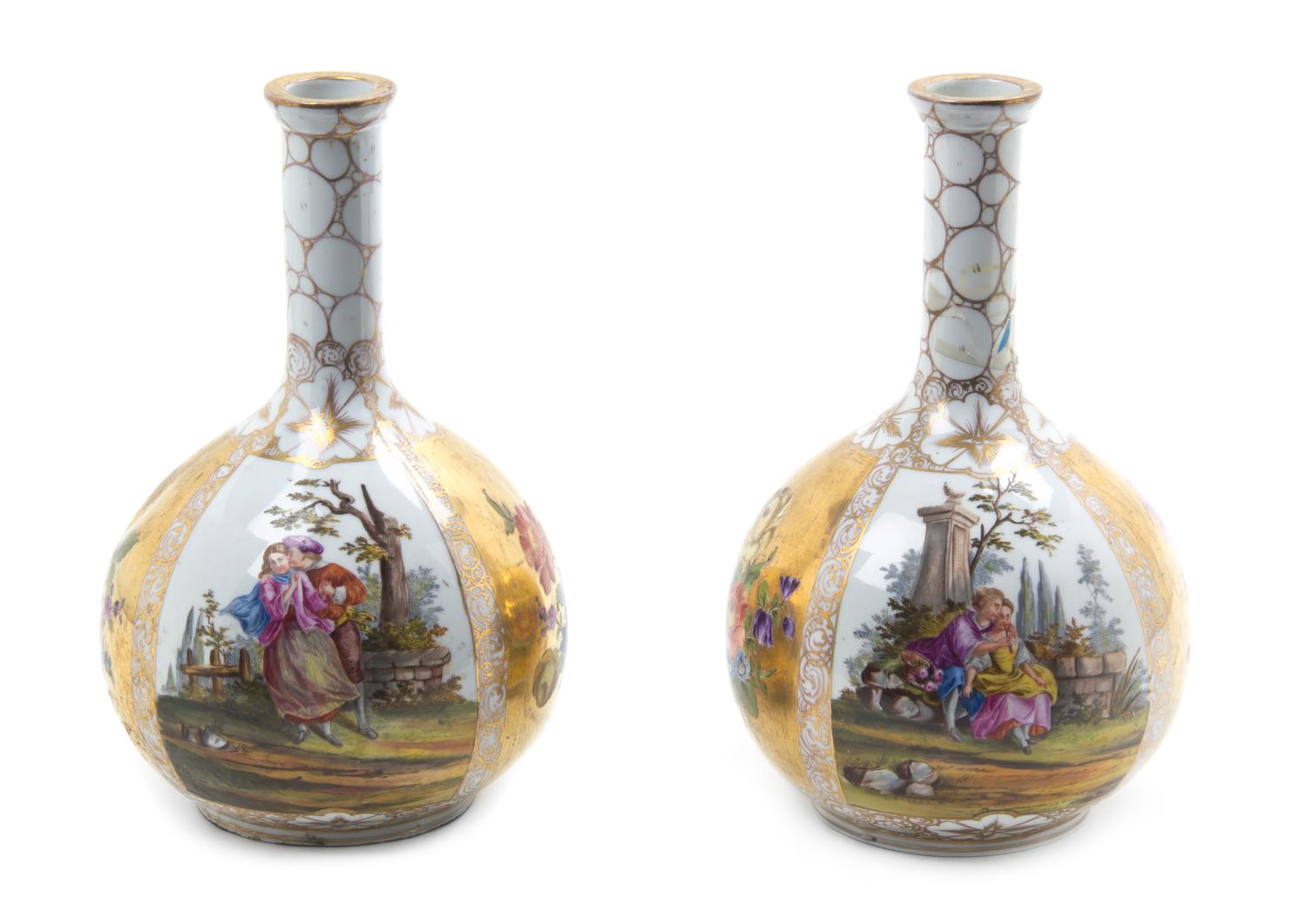 A Pair of Dresden Porcelain Vases, Height 10 1/8 inches.