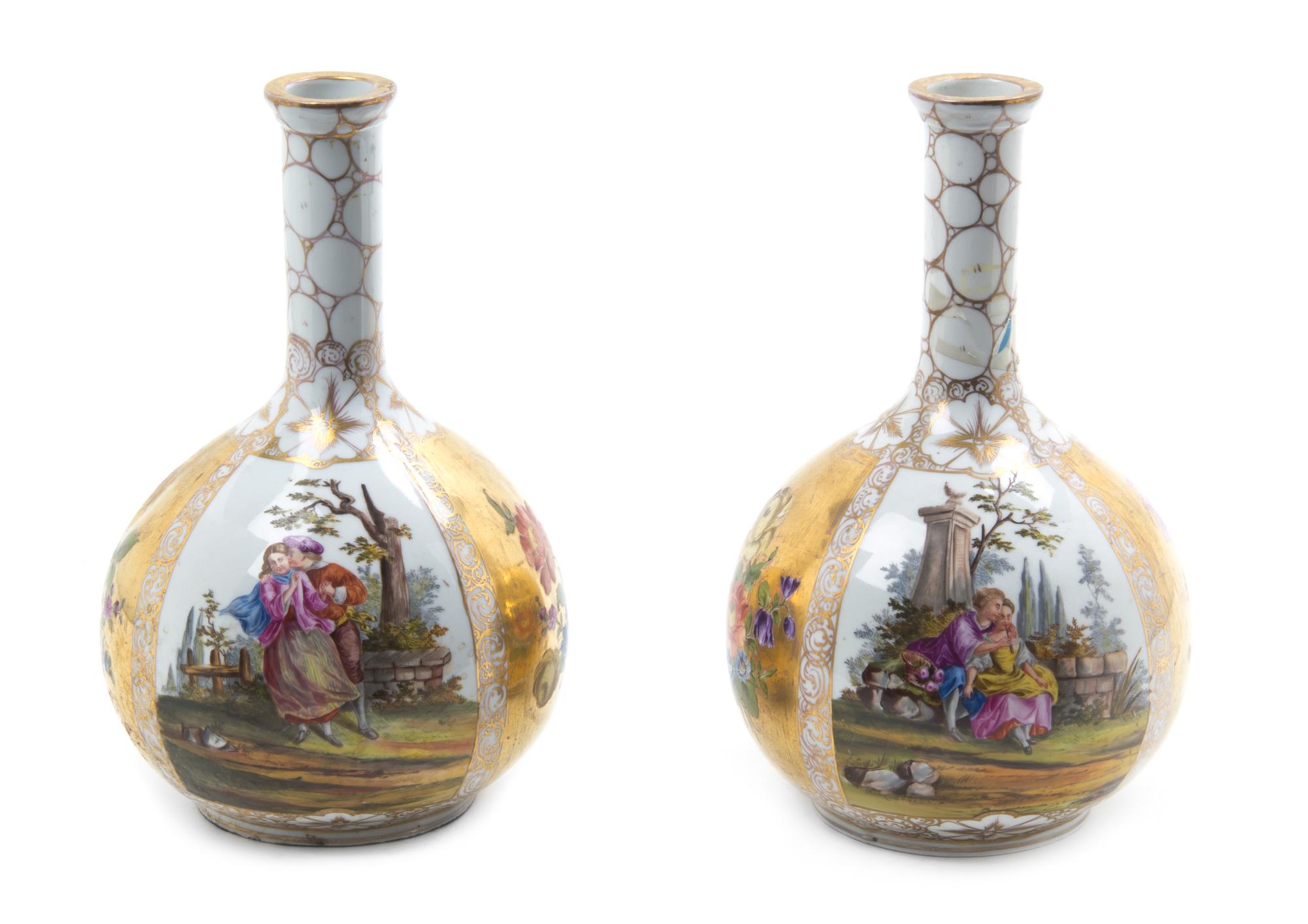 A Pair of Dresden Porcelain Vases, Height 10 1/8 inches.