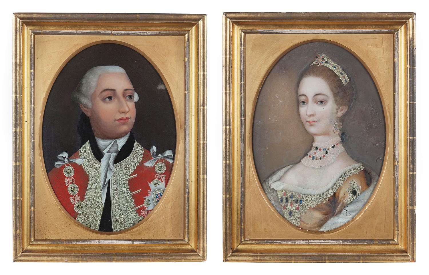 A Pair of English or Chinese Export Reverse-Painted Glass Portraits of George III and Queen Charlotte