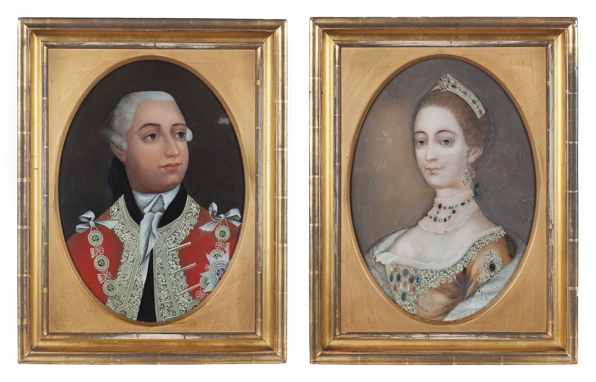 A Pair of English or Chinese Export Reverse-Painted Glass Portraits of George III and Queen Charlotte
