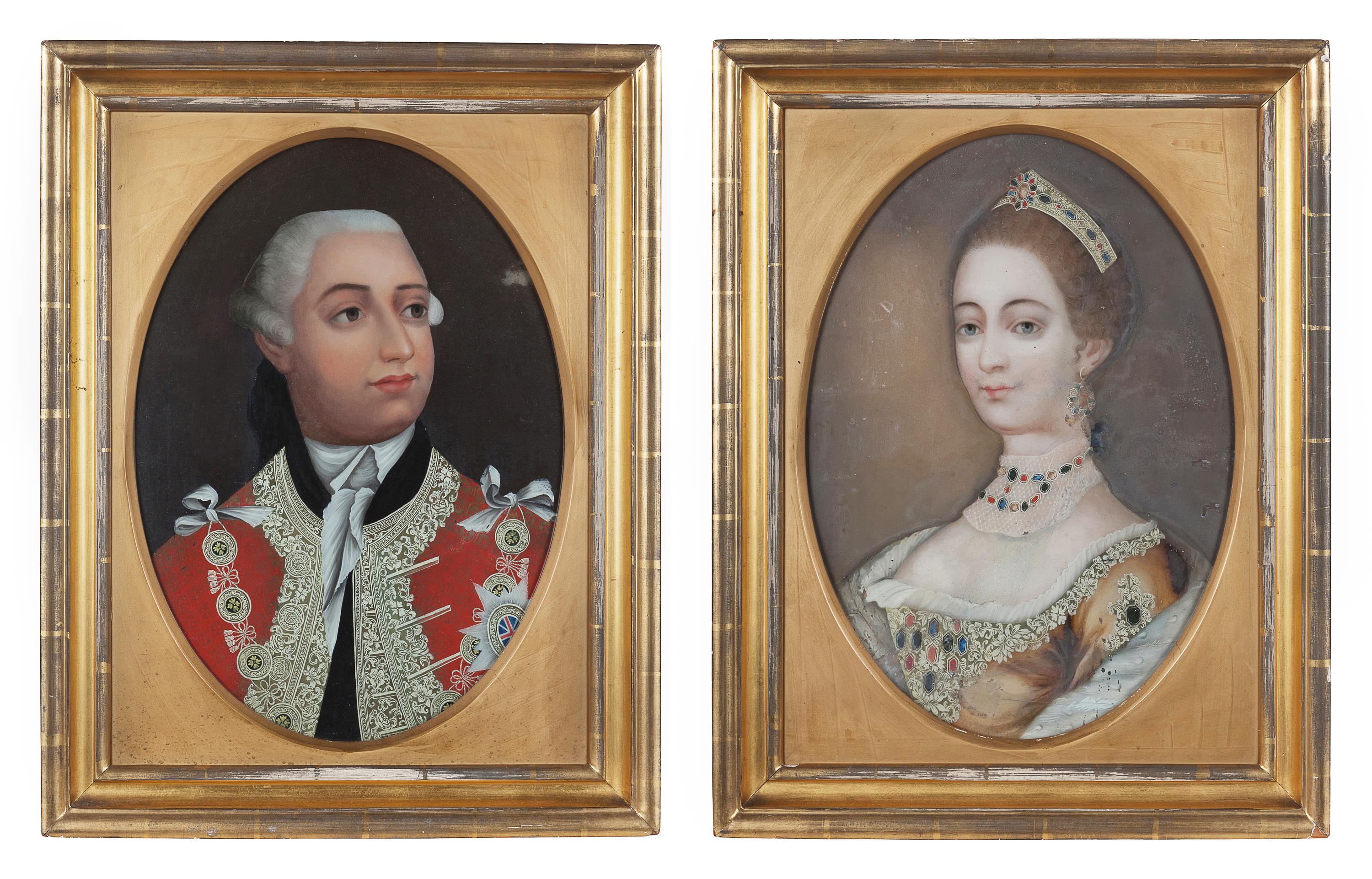 A Pair of English or Chinese Export Reverse-Painted Glass Portraits of George III and Queen Charlotte