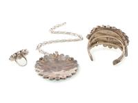 Silver and Mosaic Inlay Sun Face Cuff Bracelet, Necklace, AND Ring