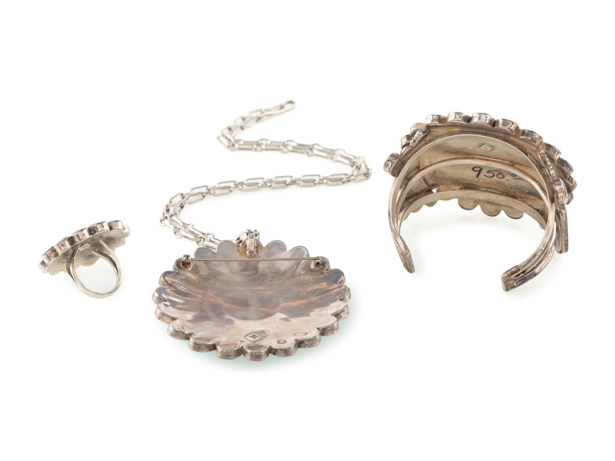 Silver and Mosaic Inlay Sun Face Cuff Bracelet, Necklace, AND Ring