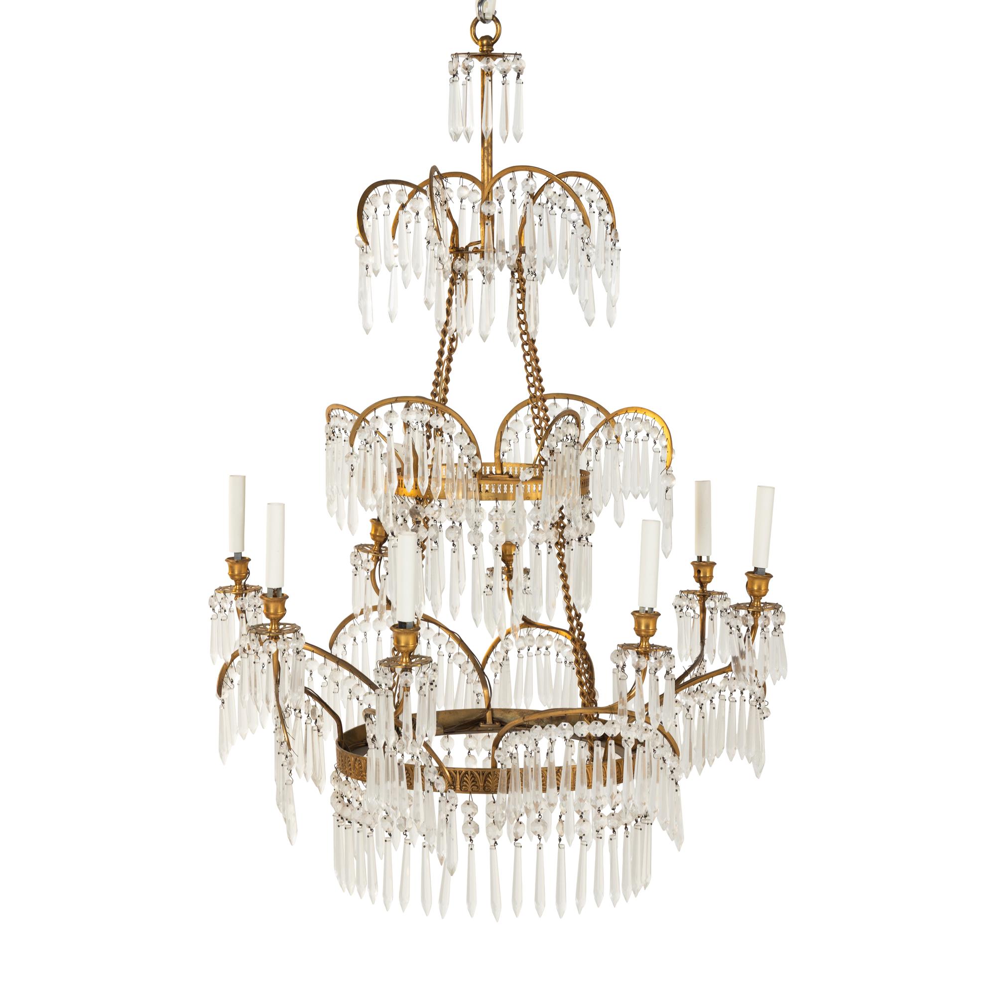 A Swedish Neoclassical Gilt Bronze and Cut-Glass Eight-Light Chandelier