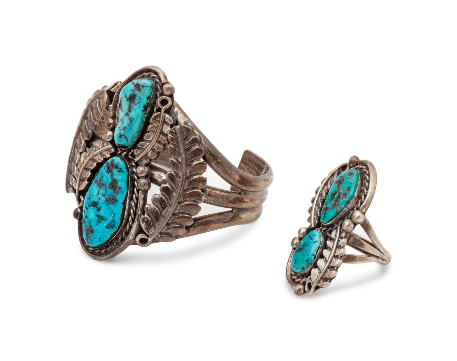 Navajo Silver and Turquoise Squash Blossom, Cuff Bracelet, and Ring Set