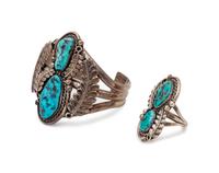 Navajo Silver and Turquoise Squash Blossom, Cuff Bracelet, and Ring Set