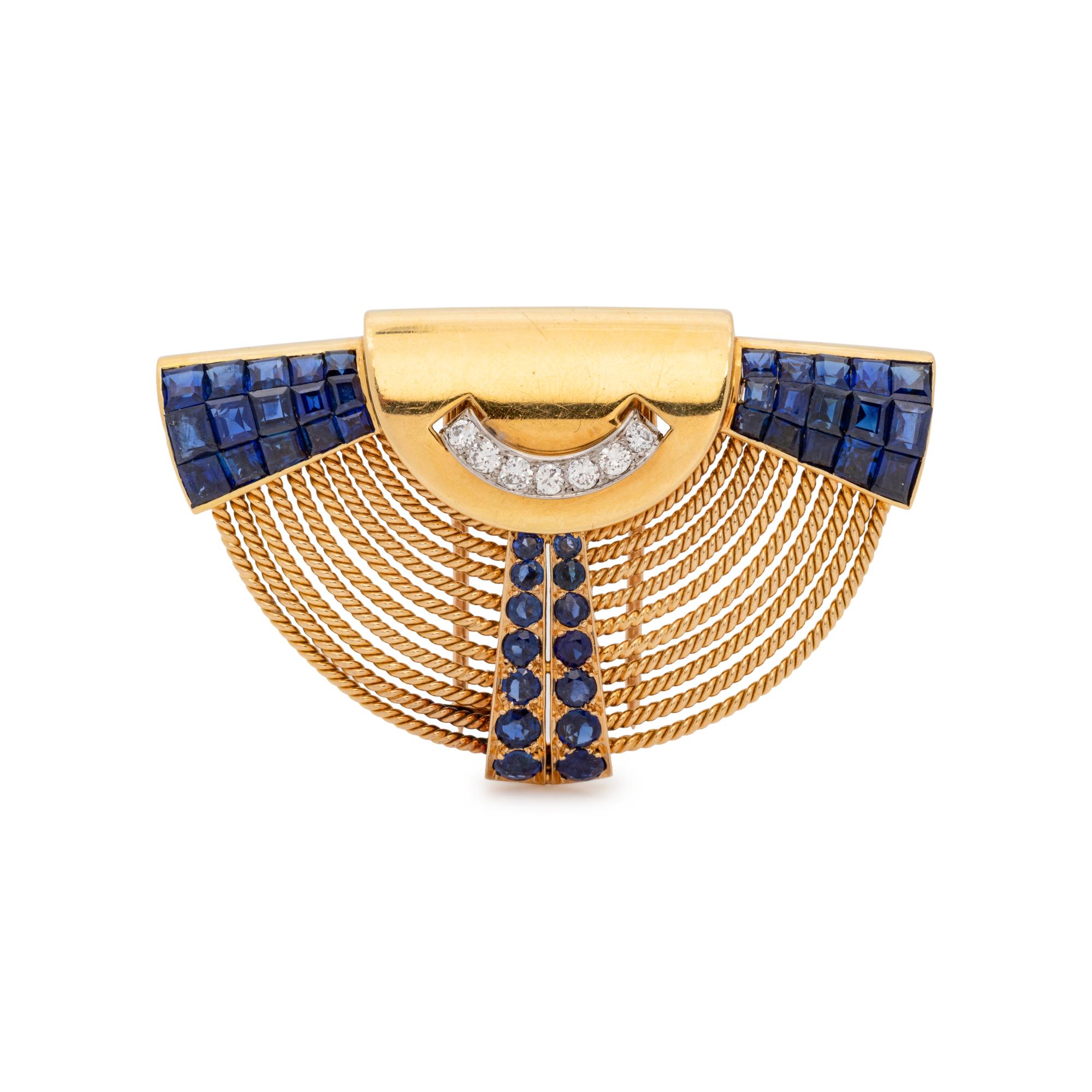 JEAN-THIERRY BONDT, RETRO, YELLOW GOLD, SAPPHIRE AND DIAMOND BROOCH