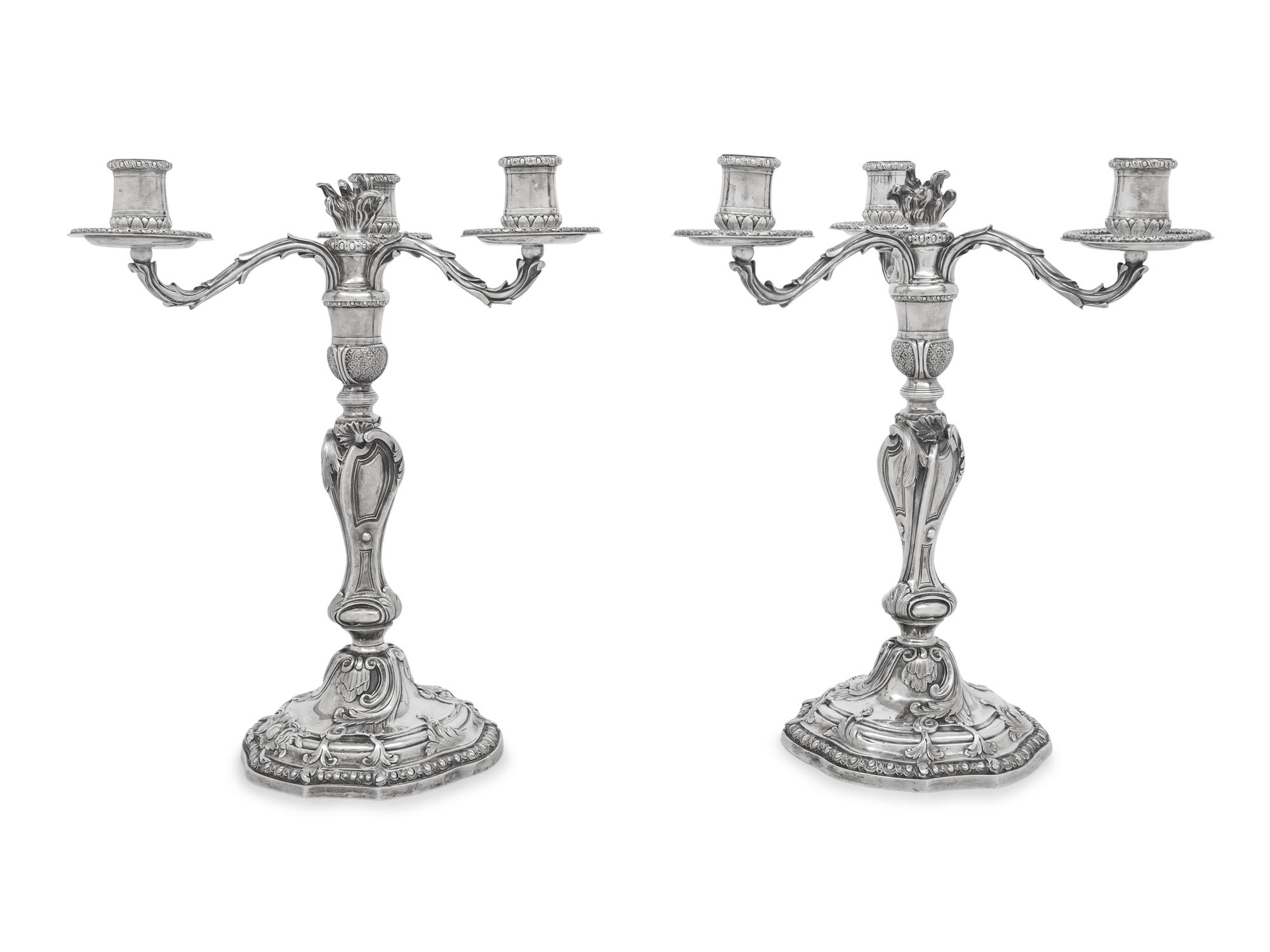 A Pair of Puiforcat Silver Three-Light Candelabra