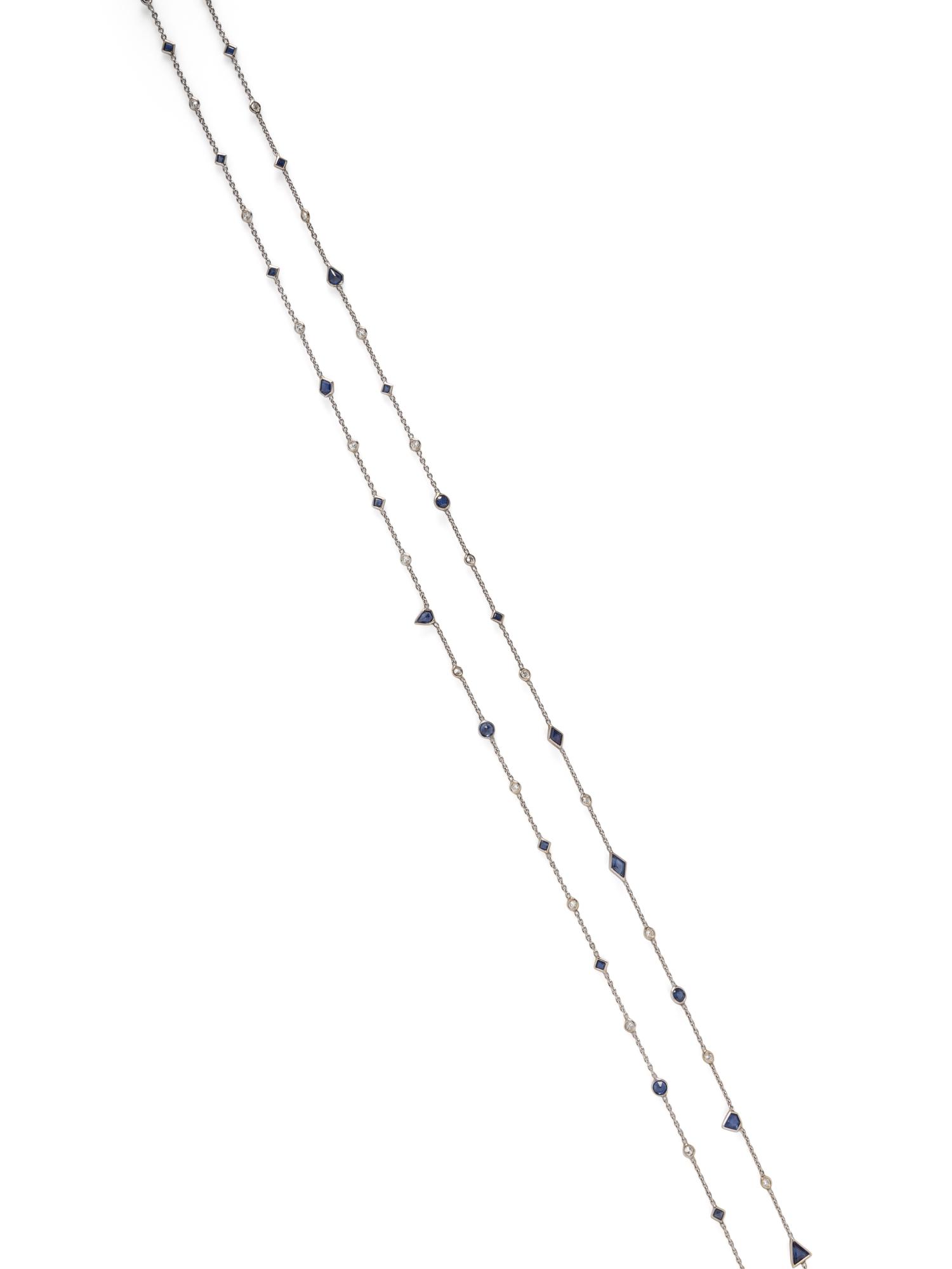 WHITE GOLD, SAPPHIRE, AND DIAMOND LONG CHAIN