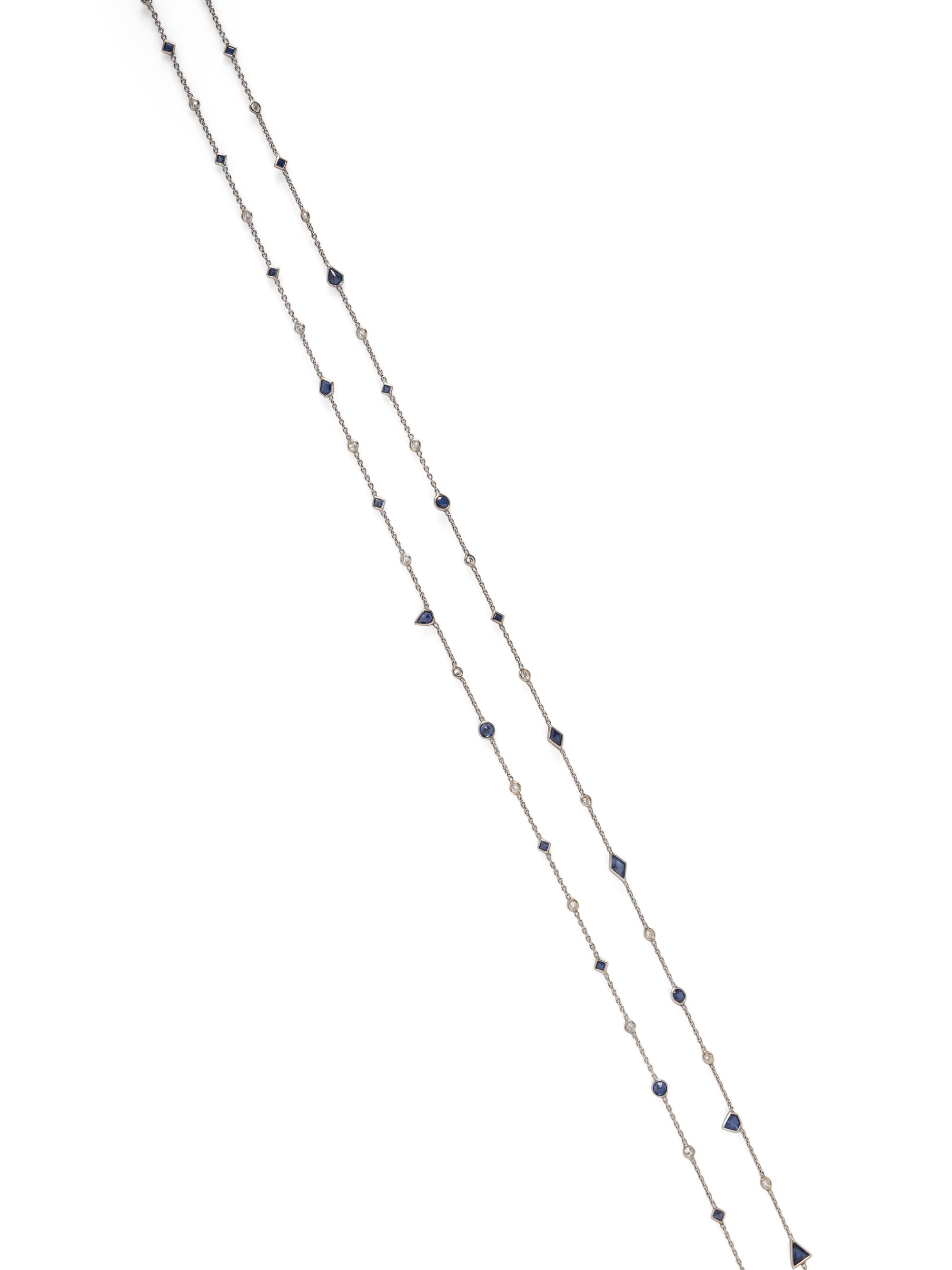 WHITE GOLD, SAPPHIRE, AND DIAMOND LONG CHAIN