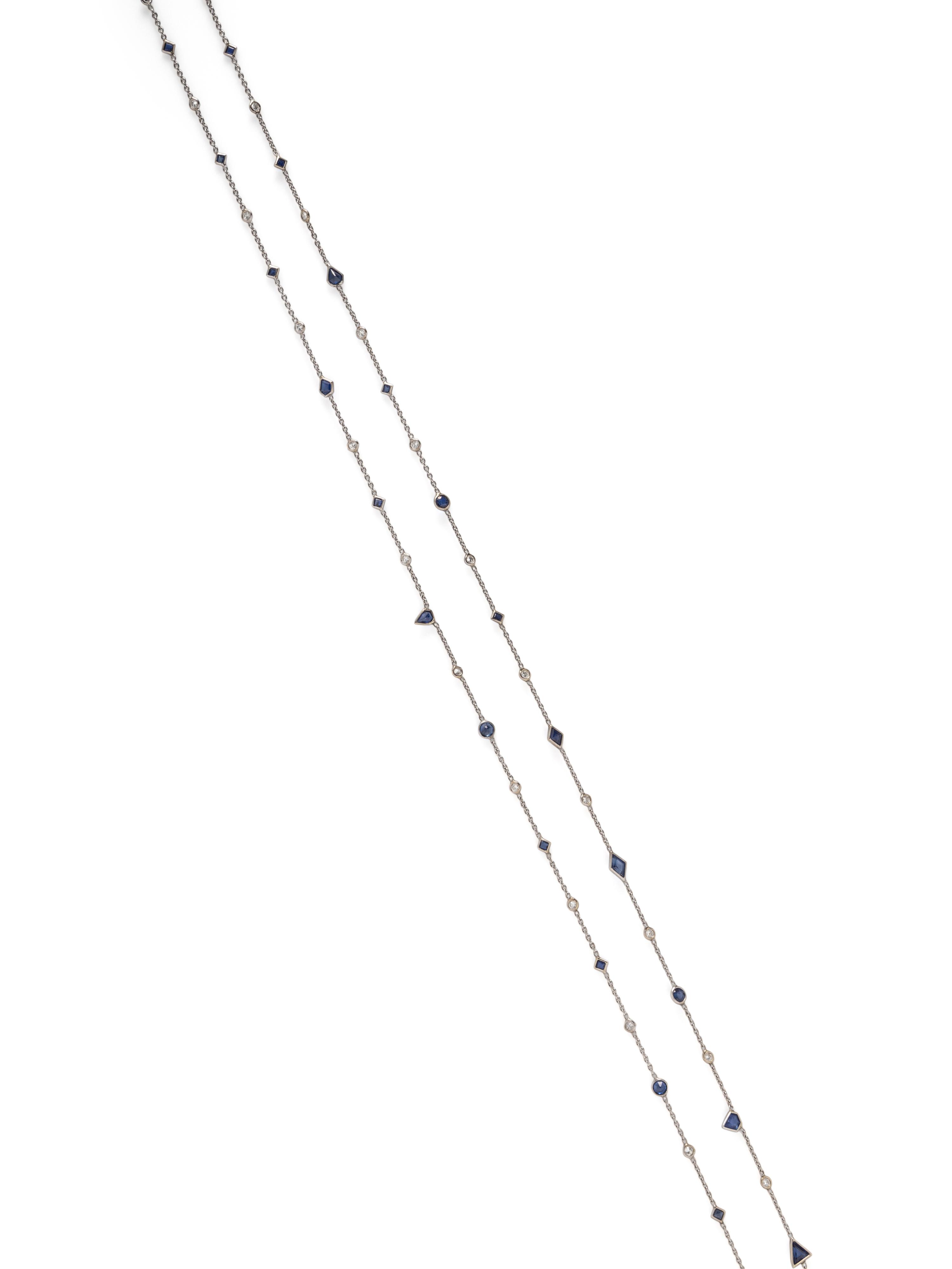 WHITE GOLD, SAPPHIRE, AND DIAMOND LONG CHAIN