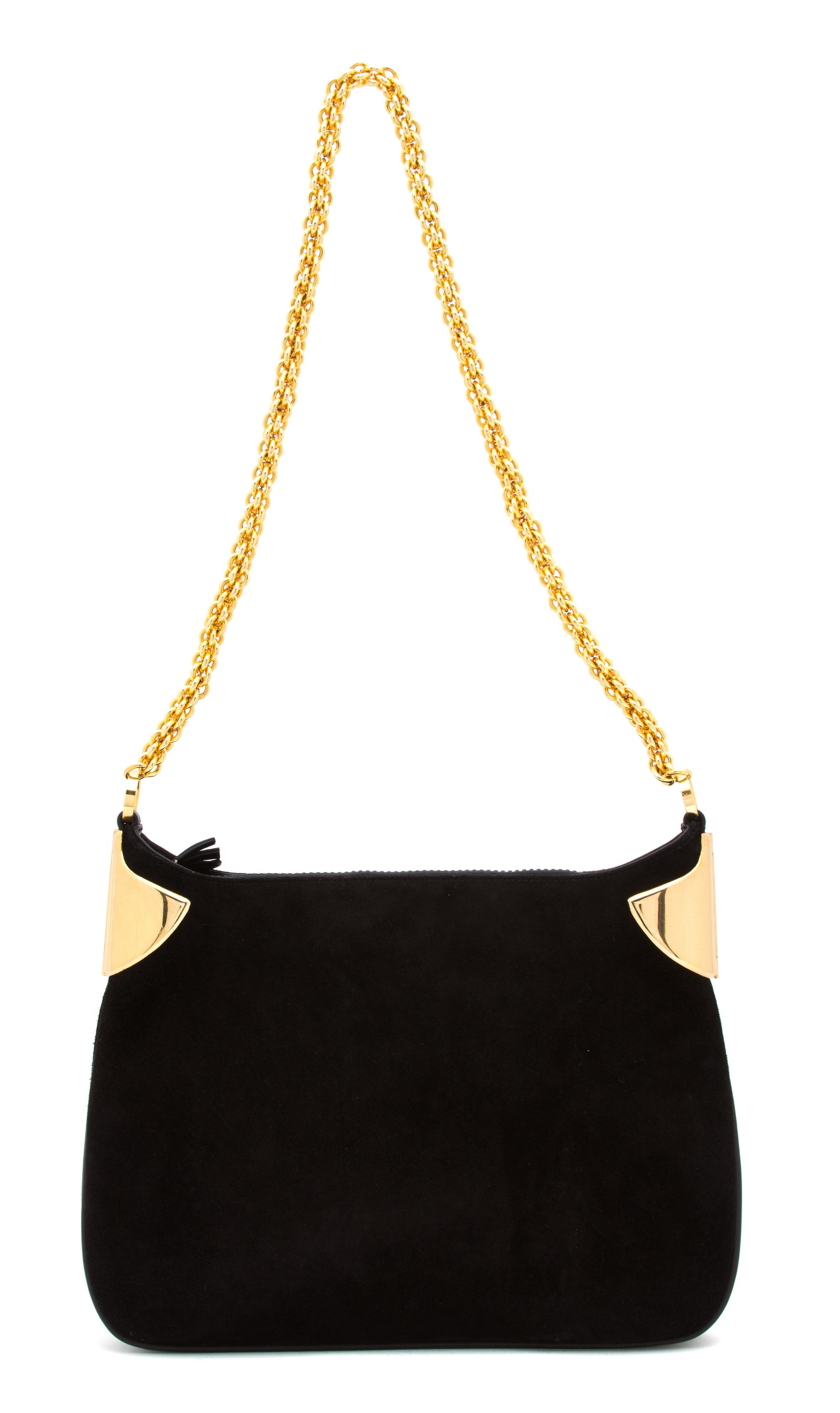 A Gucci Black Suede Handbag, 10" x 12" x 2"; Strap drop: 14".