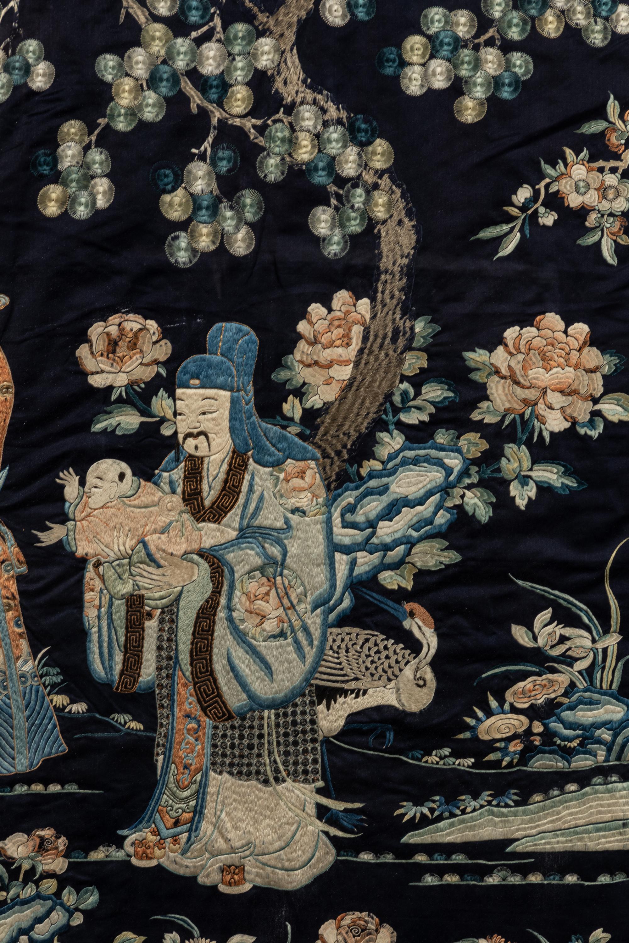 A Large Midnight Blue Satin Ground Embroidered Silk Panel