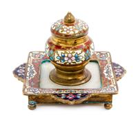 A French Champleve and Alabaster Inkwell, Width 4 3/8 inches.