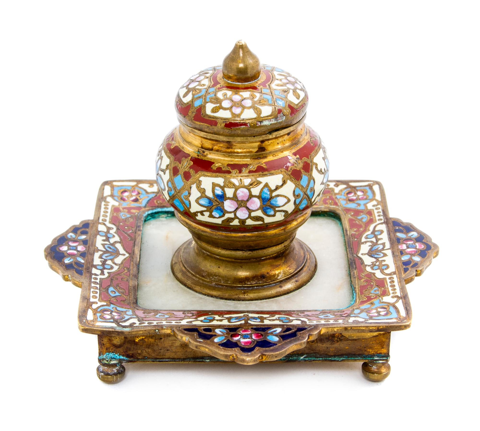 A French Champleve and Alabaster Inkwell, Width 4 3/8 inches.