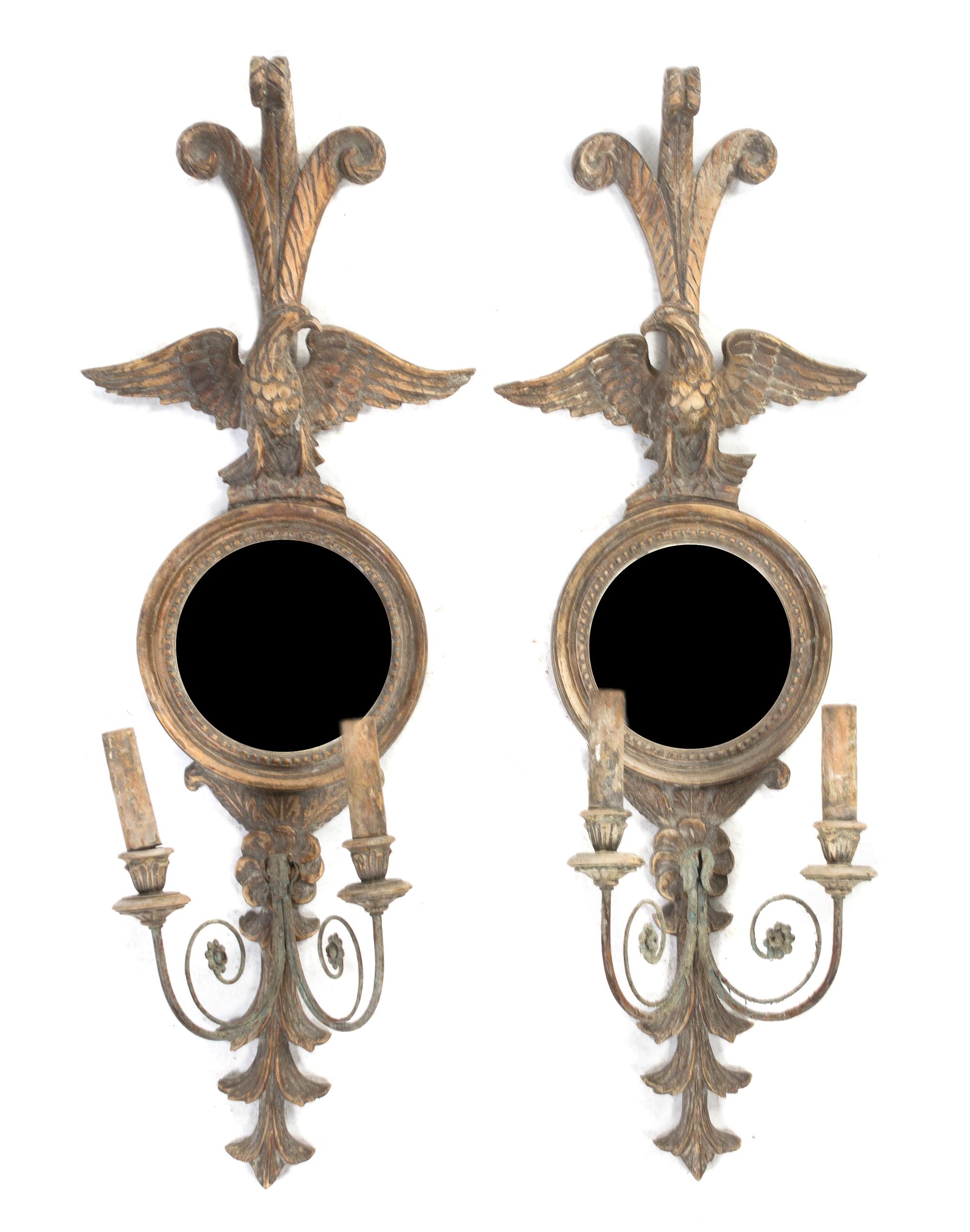 A Pair of American Federal Style Two-Light Girandole Mirrors, Height 39 3/4 inches.