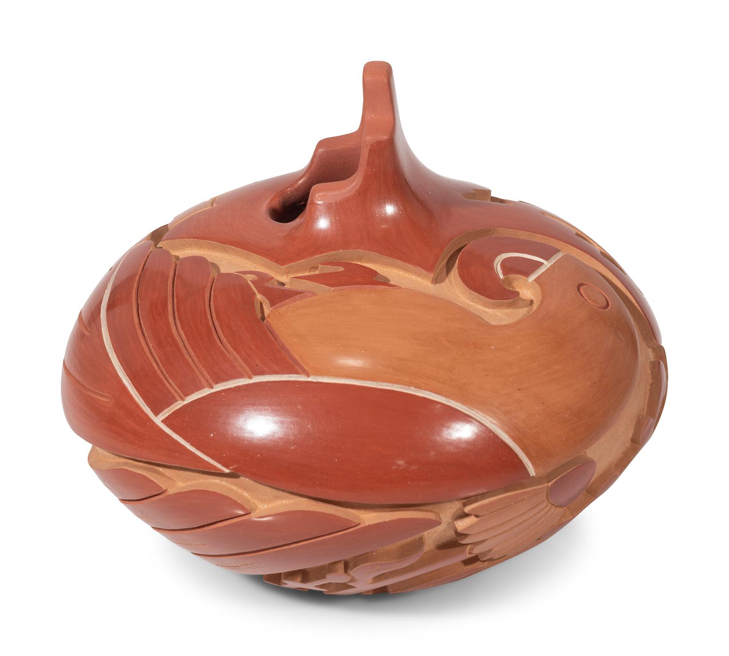 Red and Tan Carved Pottery Vase, with Parrots