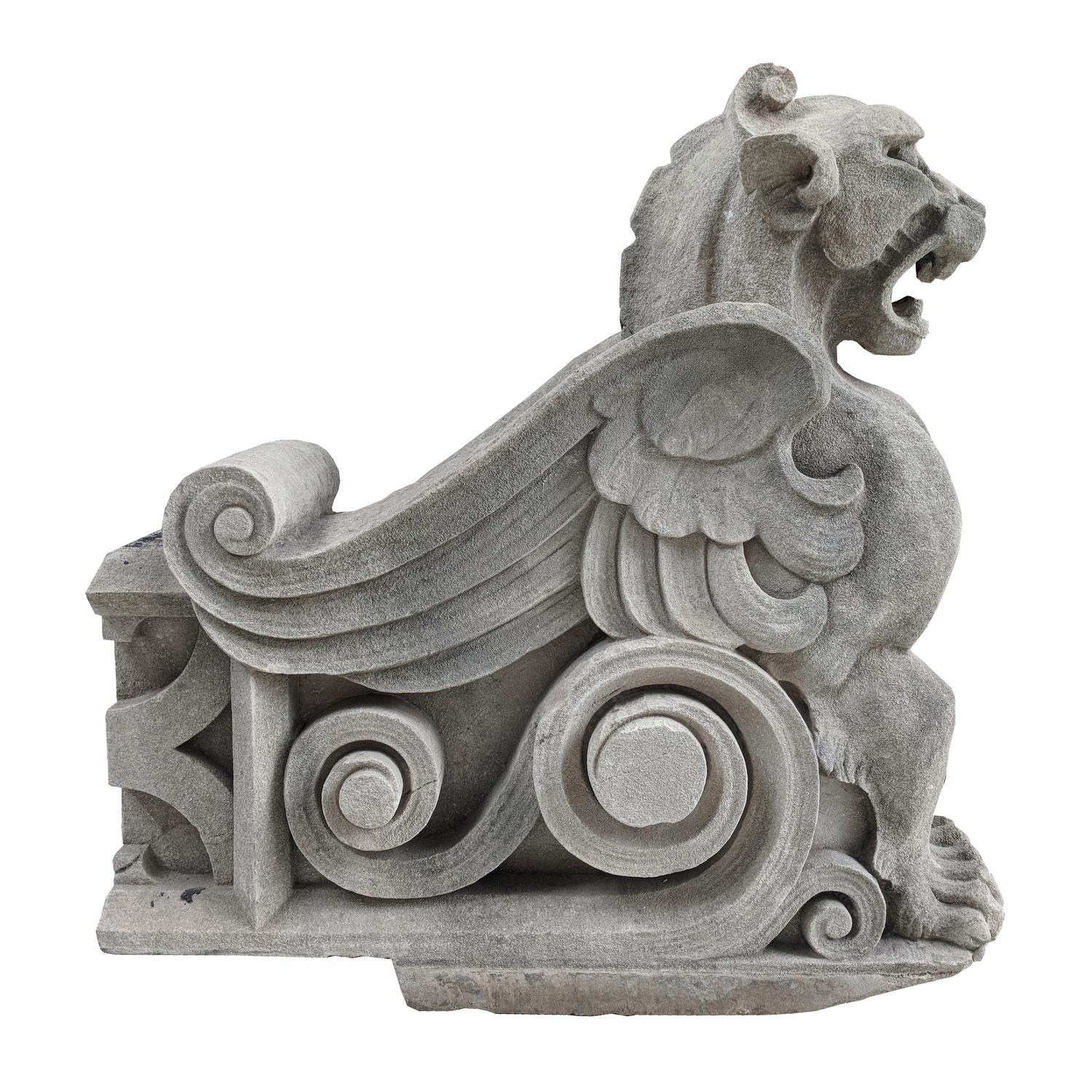 A Pair of Limestone Griffins from a Bank in Kansas City 45.5" W x 14" D x 46.5" H — United States, Circa 1920