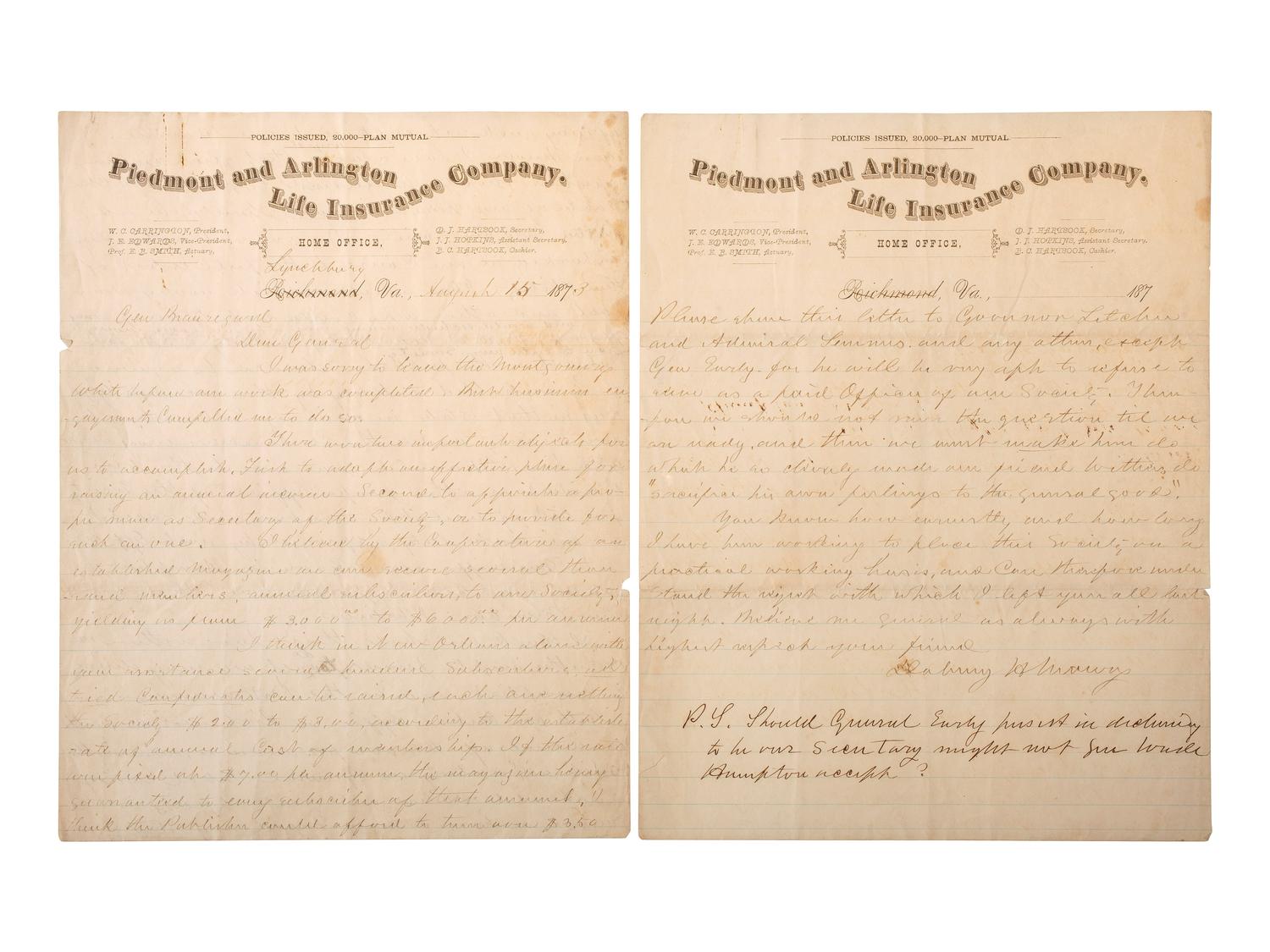 [RECONSTRUCTION]. Dabney MAURY ALS to BEAUREGARD. 1873. [With:] Confederate veteran ephemera.