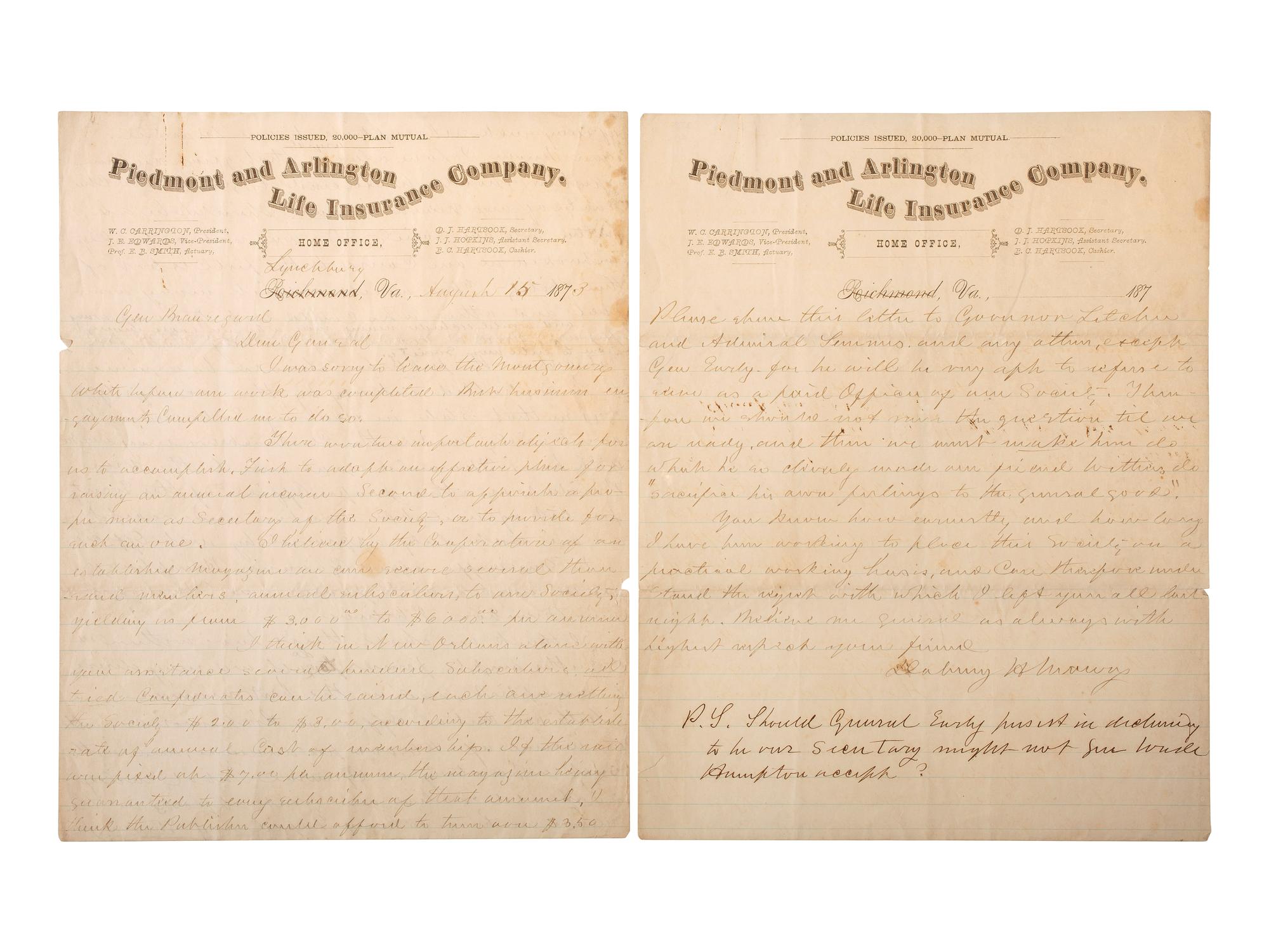 [RECONSTRUCTION]. Dabney MAURY ALS to BEAUREGARD. 1873. [With:] Confederate veteran ephemera.