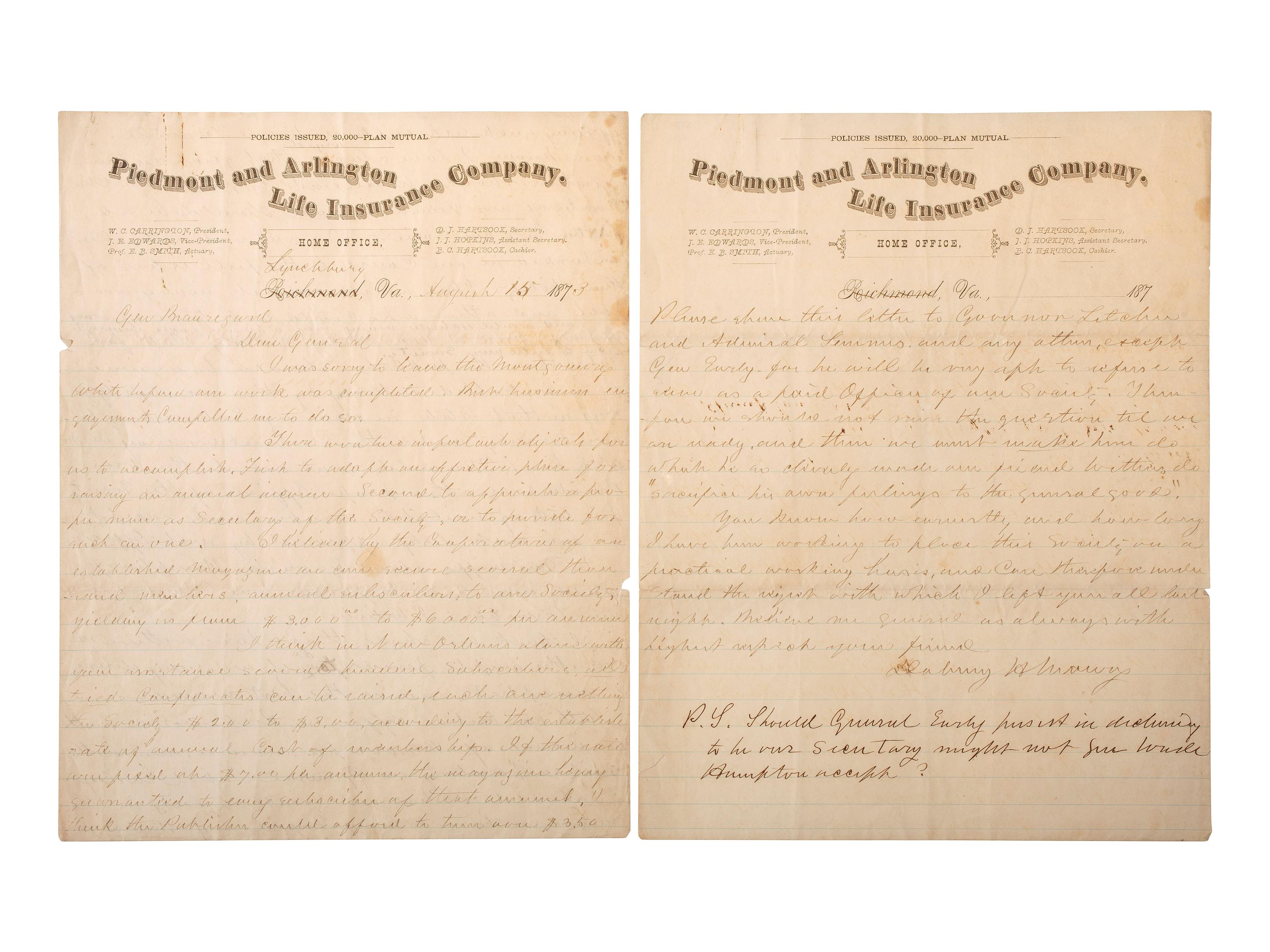 [RECONSTRUCTION]. Dabney MAURY ALS to BEAUREGARD. 1873. [With:] Confederate veteran ephemera.