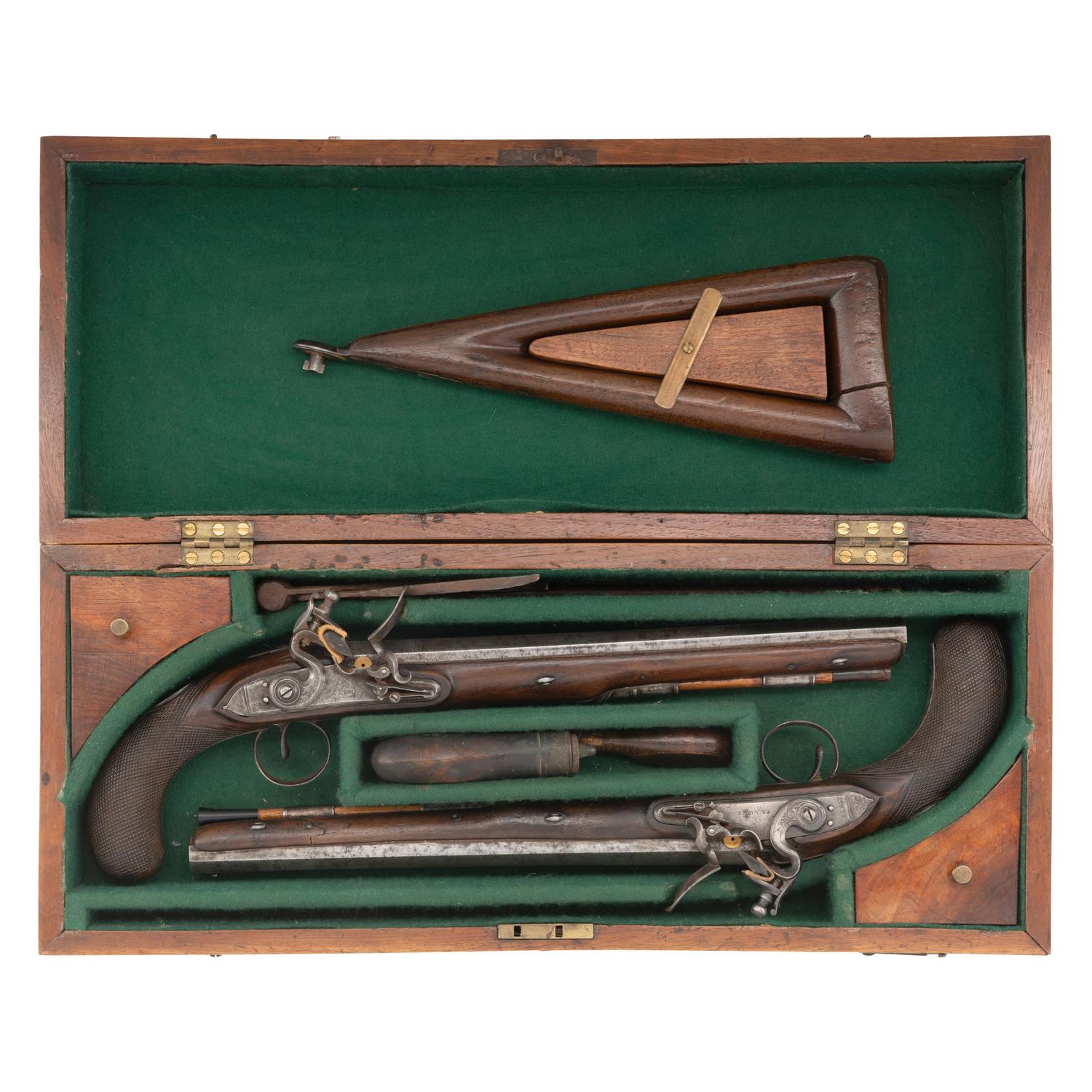 Pair of Flintlock Pistols by Clarke with Detachable Stock in Repurposed Wood Case