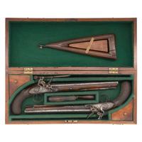 Pair of Flintlock Pistols by Clarke with Detachable Stock in Repurposed Wood Case