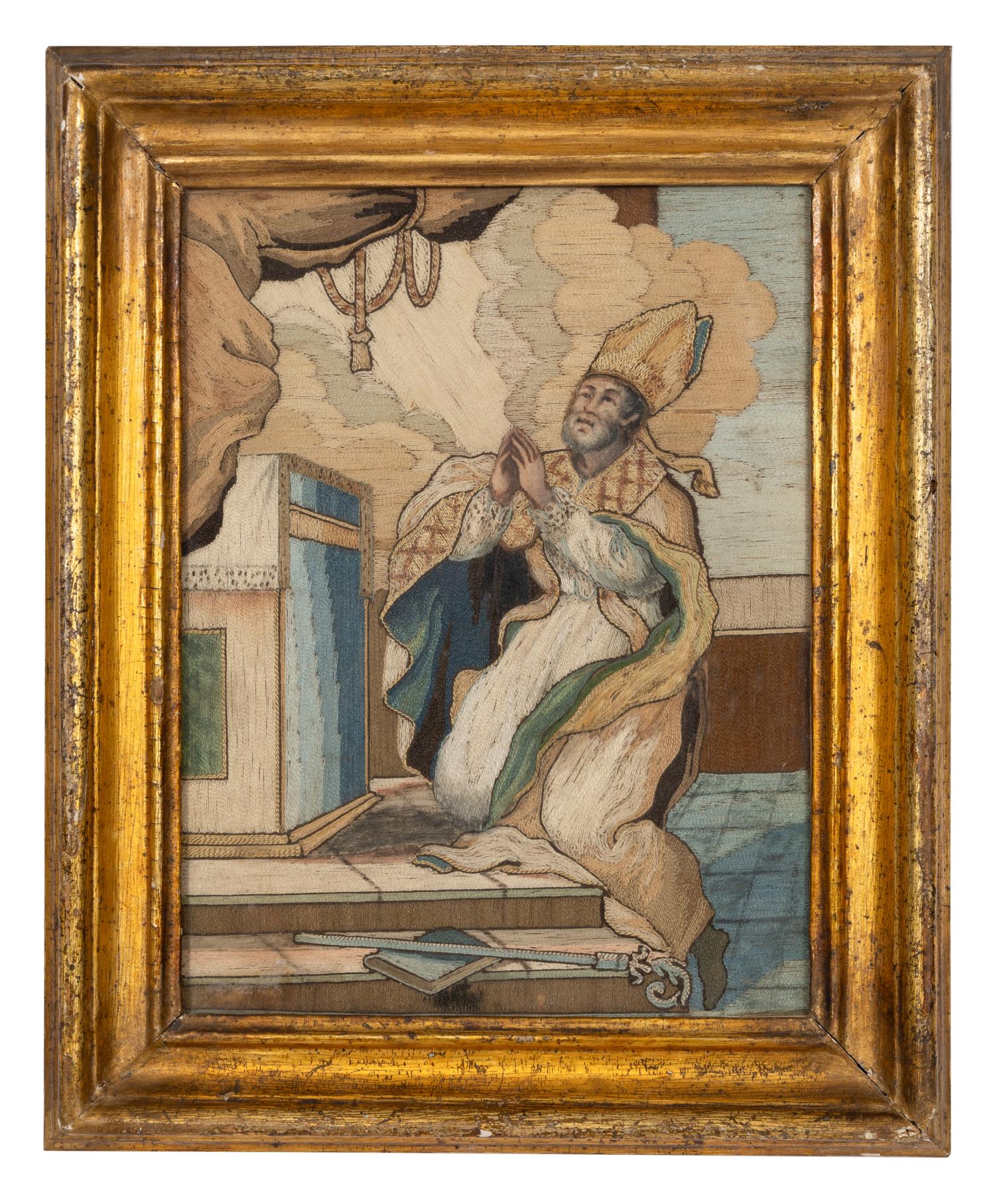 A Continental Silk Needlework Panel in Giltwood Frame