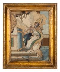 A Continental Silk Needlework Panel in Giltwood Frame