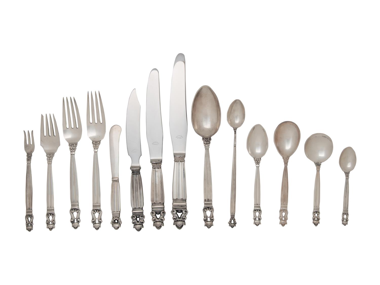 A Georg Jensen Silver Acorn Pattern Flatware Service