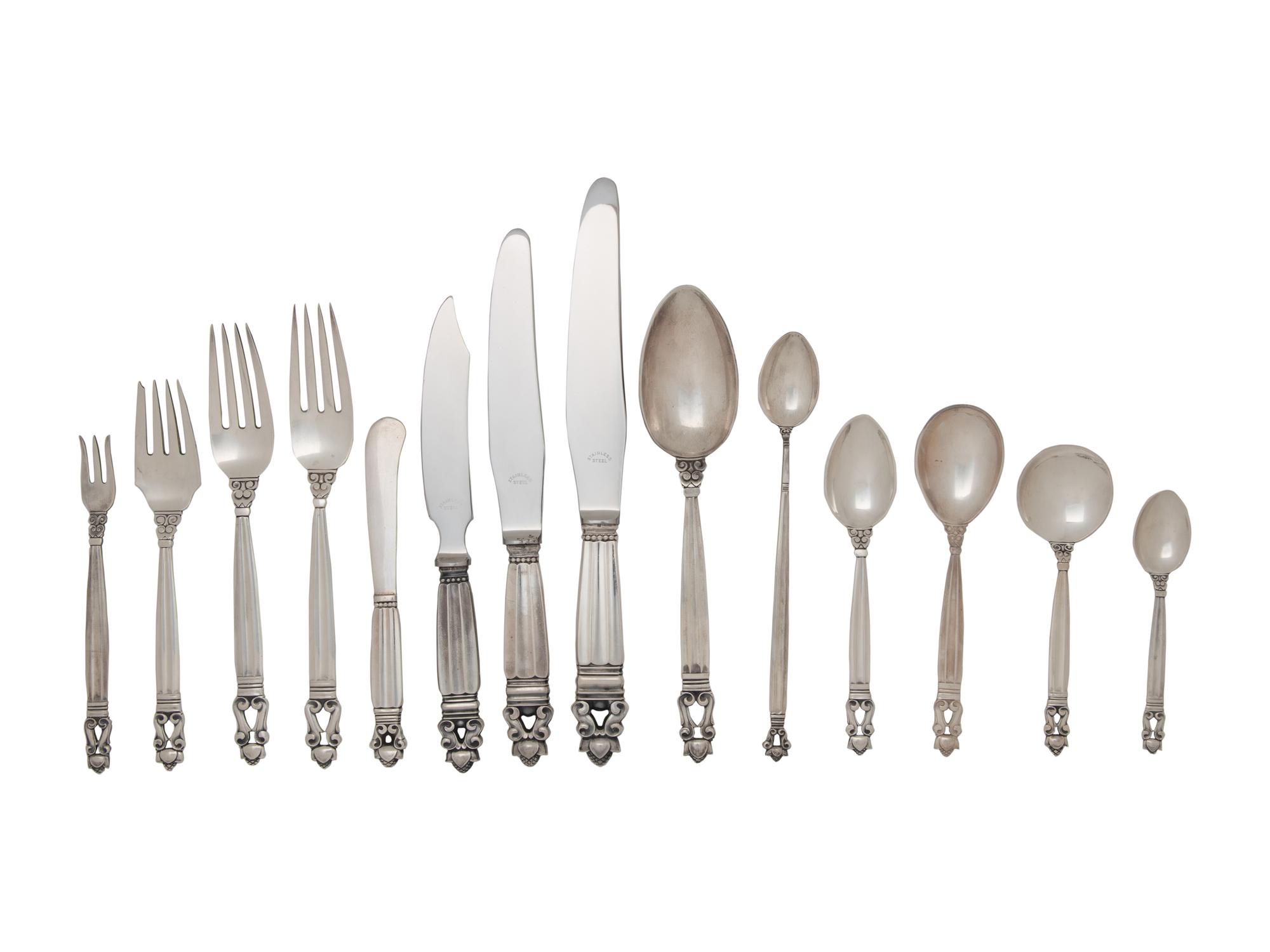 A Georg Jensen Silver Acorn Pattern Flatware Service