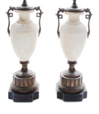 A Pair of Continental Marble Urns Height overall 30 inches. — 20TH CENTURY