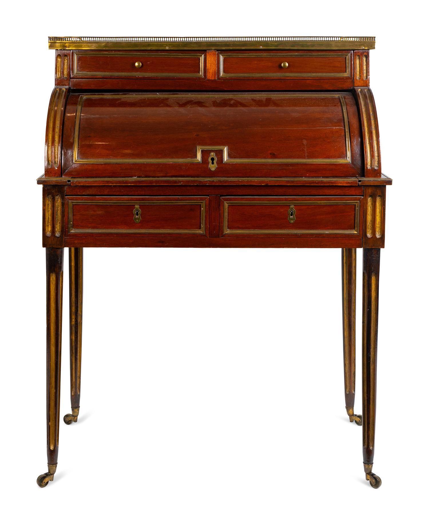 A Louis XVI Style Brass Mounted Mahogany Bureau a Cylindre — 19TH CENTURY