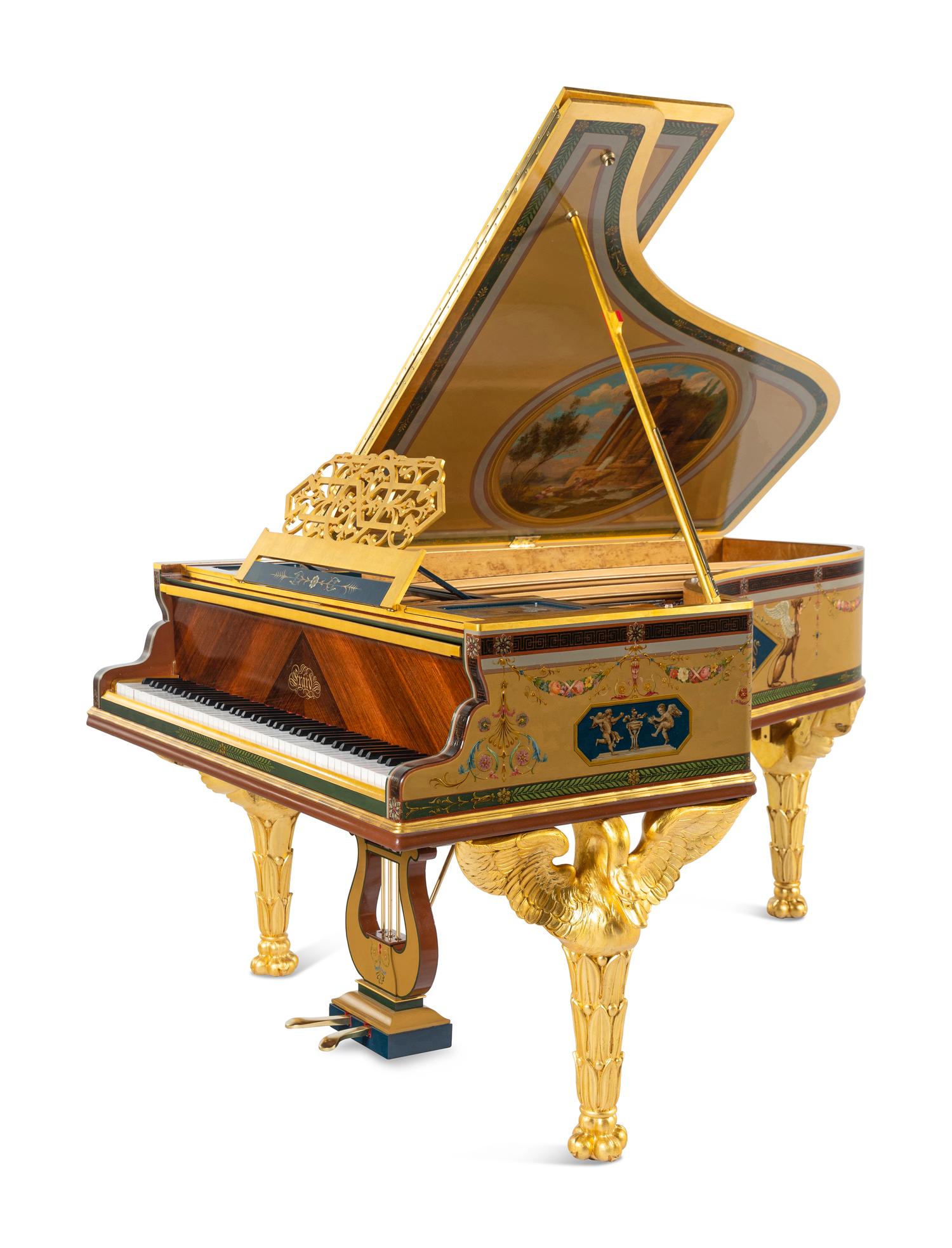 An Empire Style Kingwood, Giltwood and Painted Art Case Piano