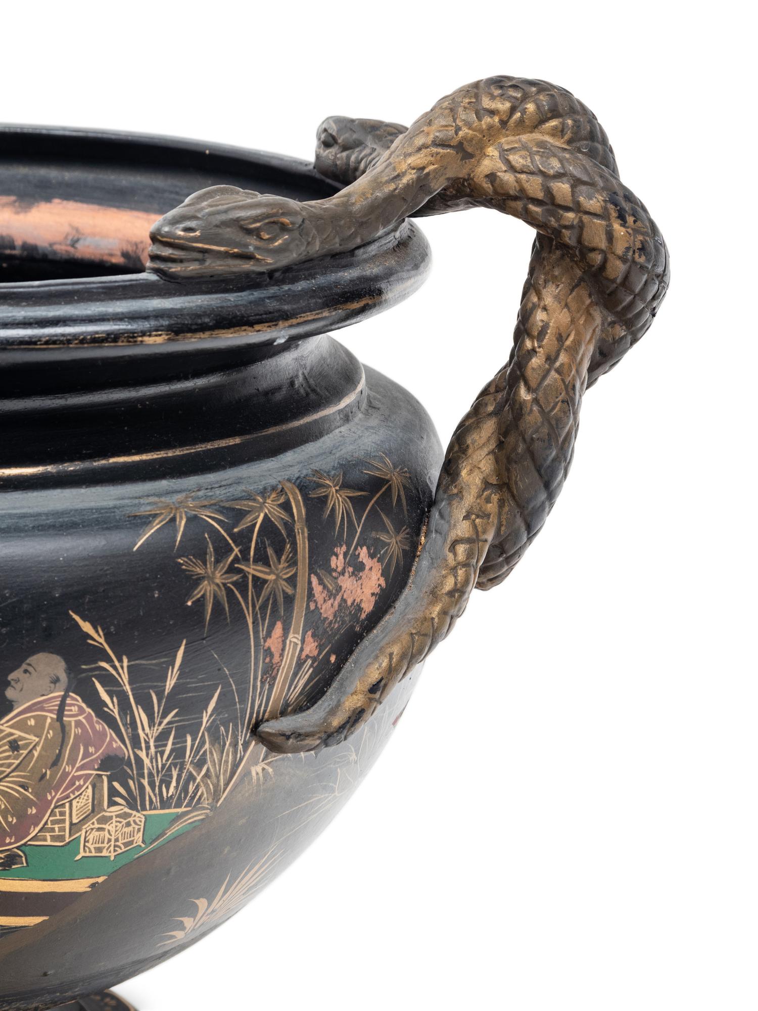 A Bronzed Terra Cotta Jardinière with Japanned Decoration