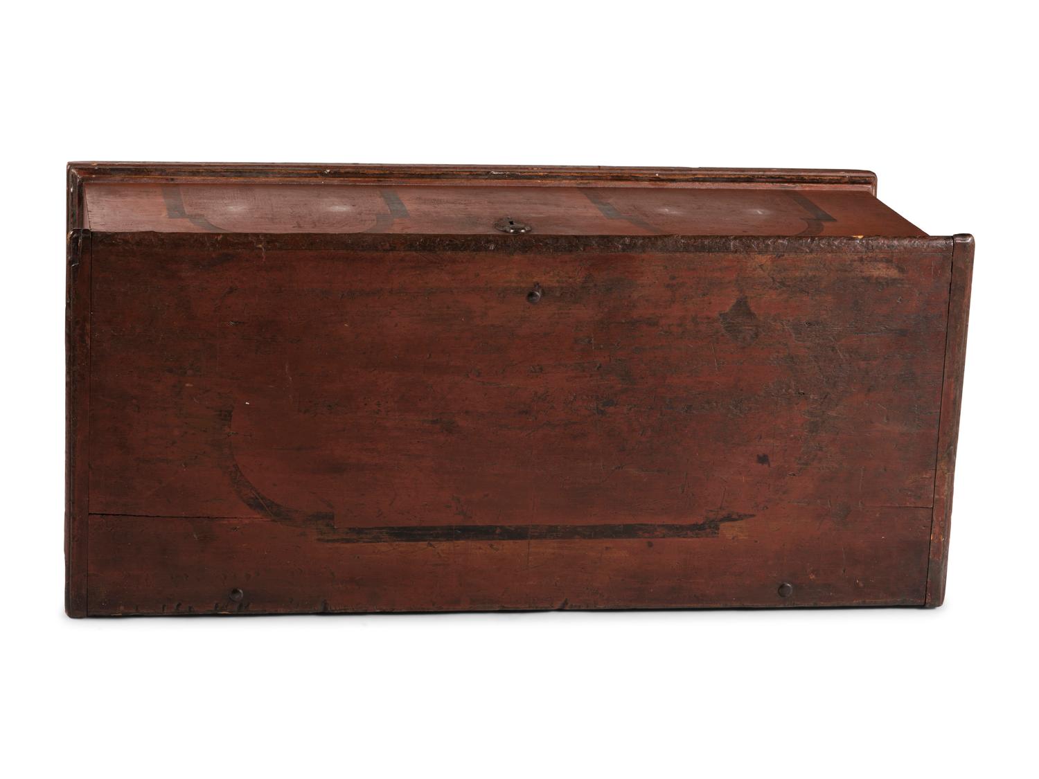 A Chippendale Red and Black Paint Decorated Wrought-Iron Mounted Poplar Blanket Chest