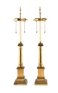 A Pair of Brass Columnar Lamps