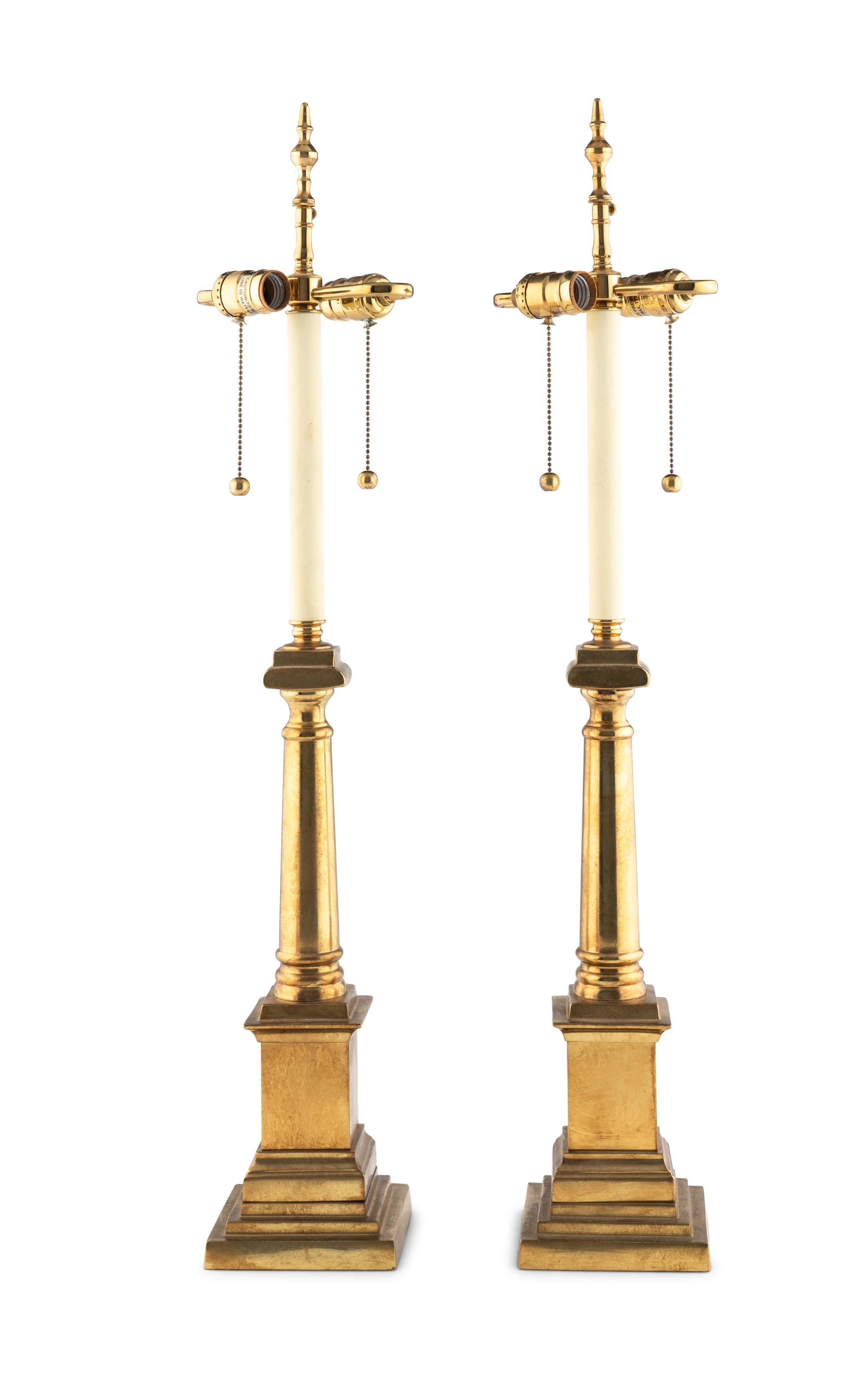 A Pair of Brass Columnar Lamps