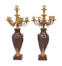A Pair of Louis XVI Style Gilt and Patinated Bronze Six-Light Candelabra