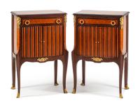 A Pair of Louis XV/XVI Transitional Style Gilt Bronze Mounted Parquetry Night Tables Height 33 x width 22 x depth 14 inches.