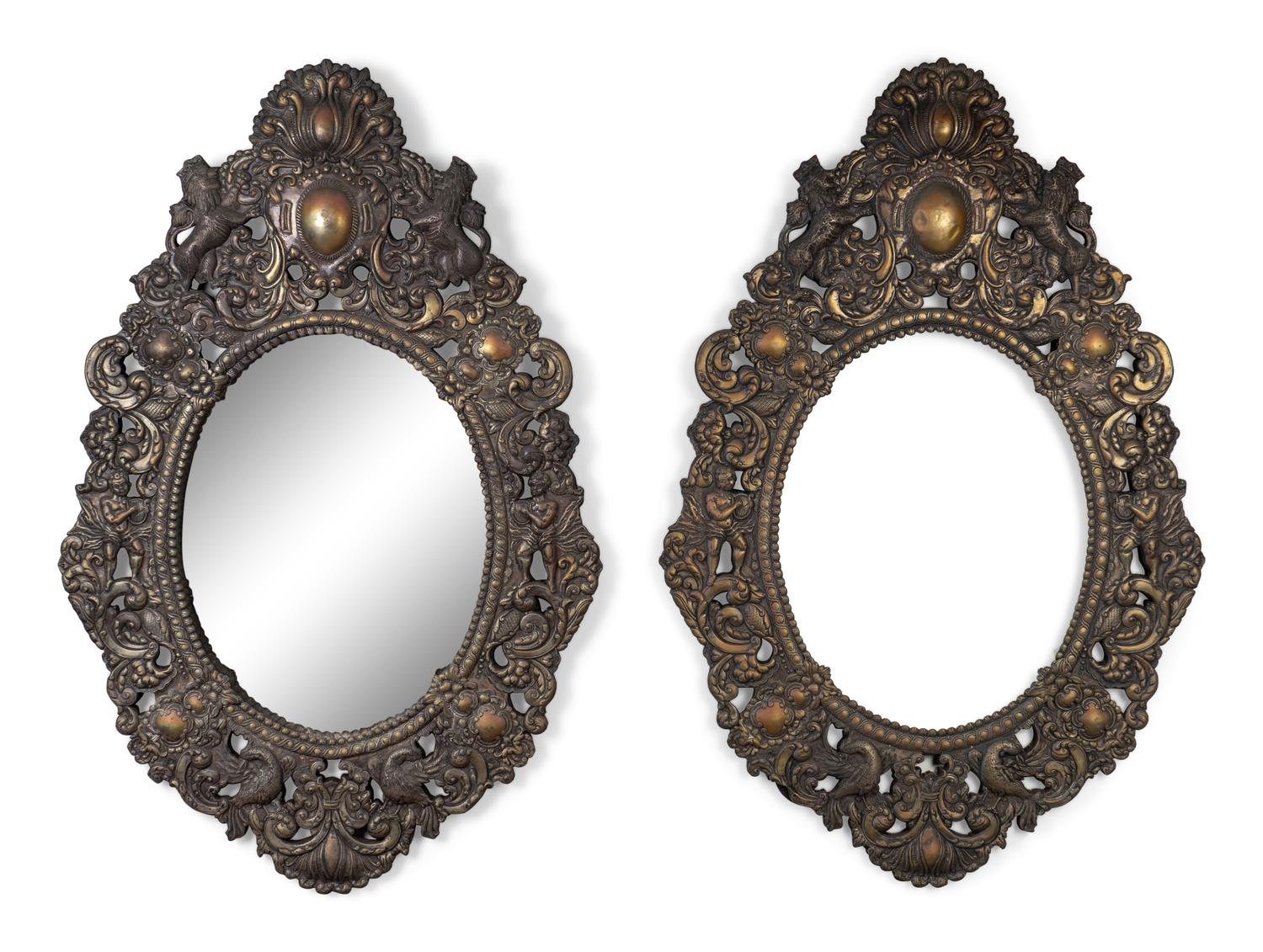 A Pair of Baroque Style Repouseed Brass Mirrors — LATE 19TH/EARLY 20TH CENTURY