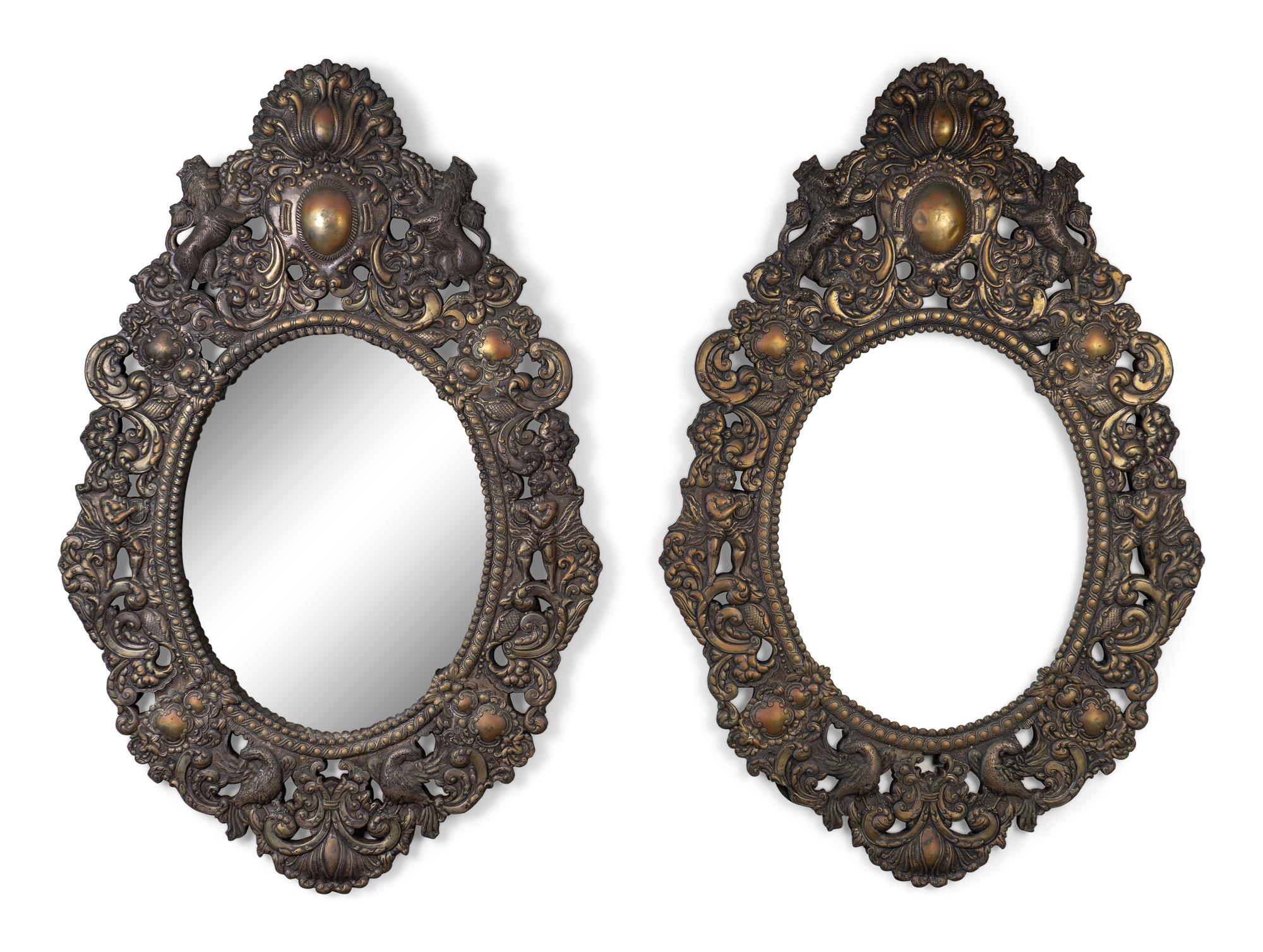 A Pair of Baroque Style Repouseed Brass Mirrors — LATE 19TH/EARLY 20TH CENTURY