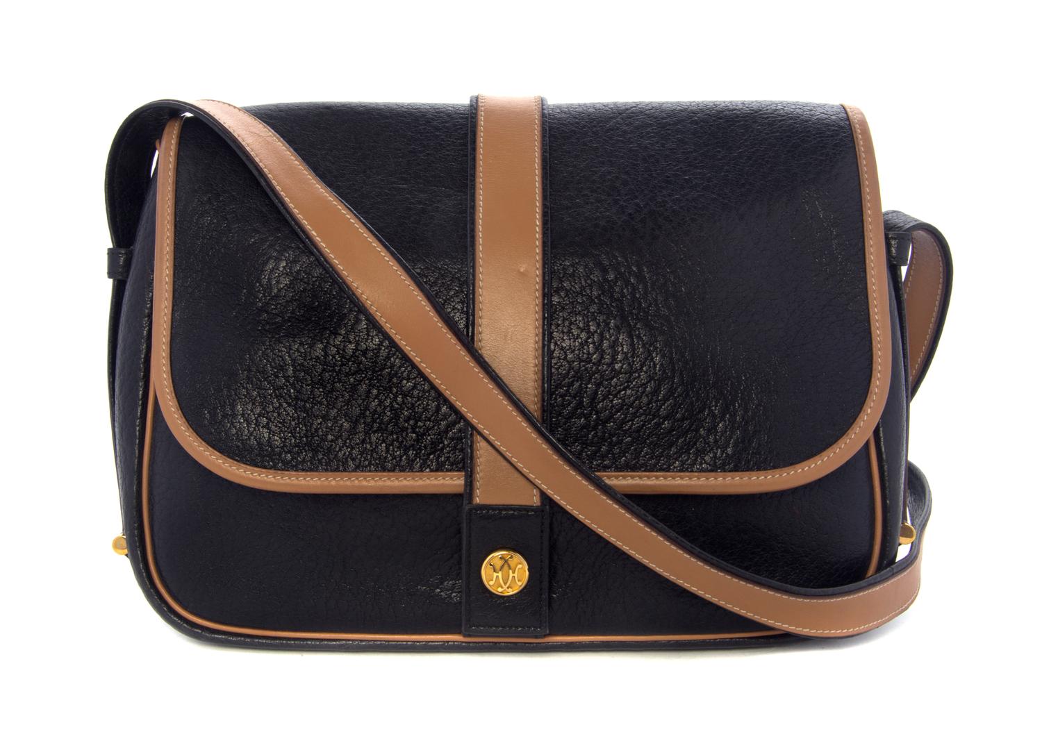 A Vintage Hermes Black Leather Shoulder Bag, 10 1/2 x 8 x 3 inches.