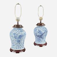 A pair of Chinese blue and white porcelain “Peony and Dragon” jars, mounted as lamps