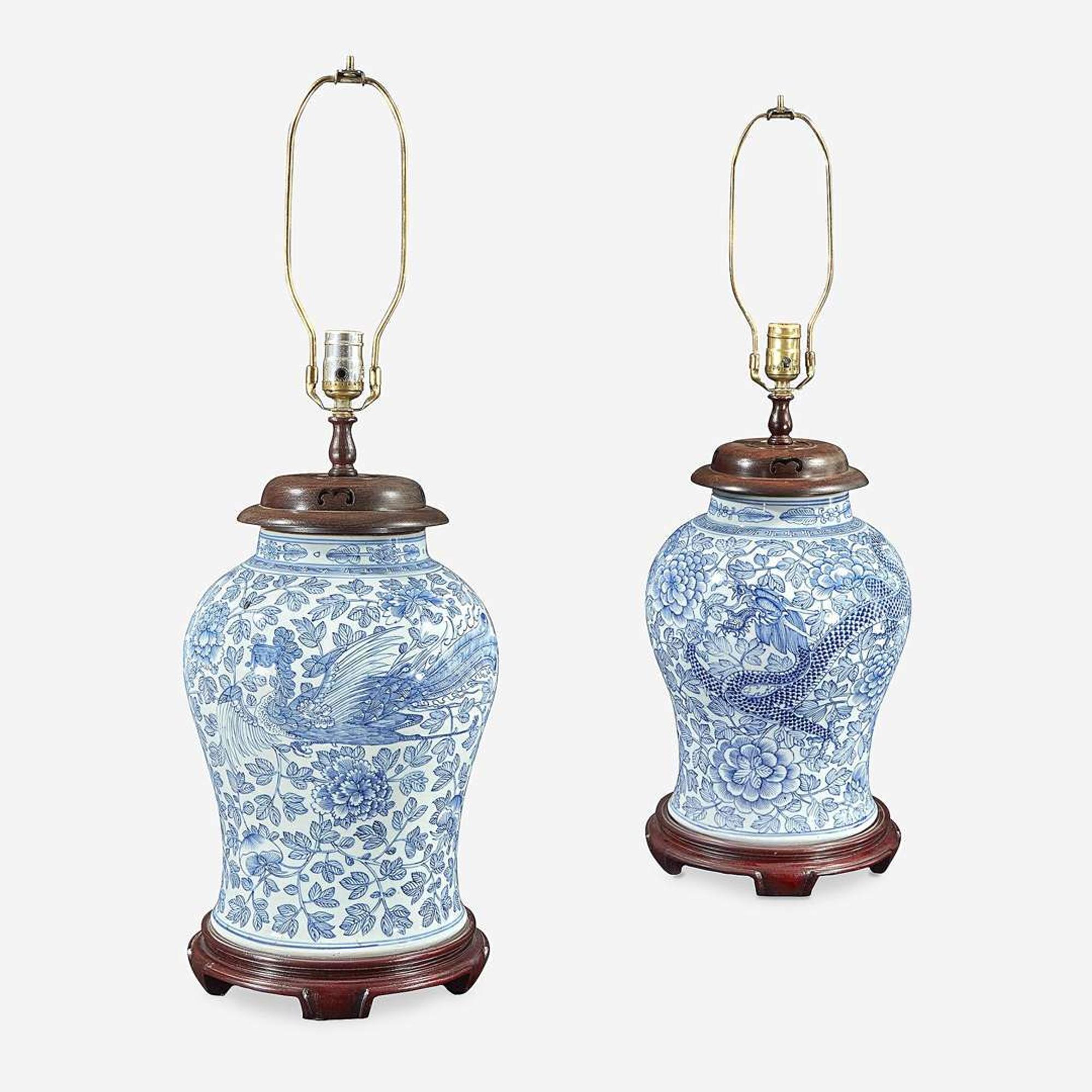 A pair of Chinese blue and white porcelain “Peony and Dragon” jars, mounted as lamps